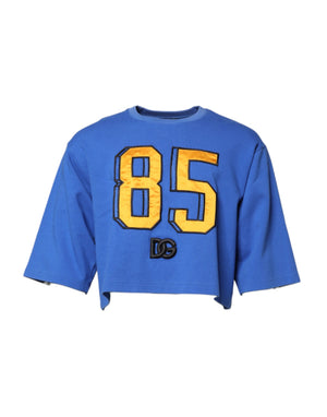 Blaues, bedrucktes, kurzes T-Shirt aus Baumwolle mit Rundhalsausschnitt