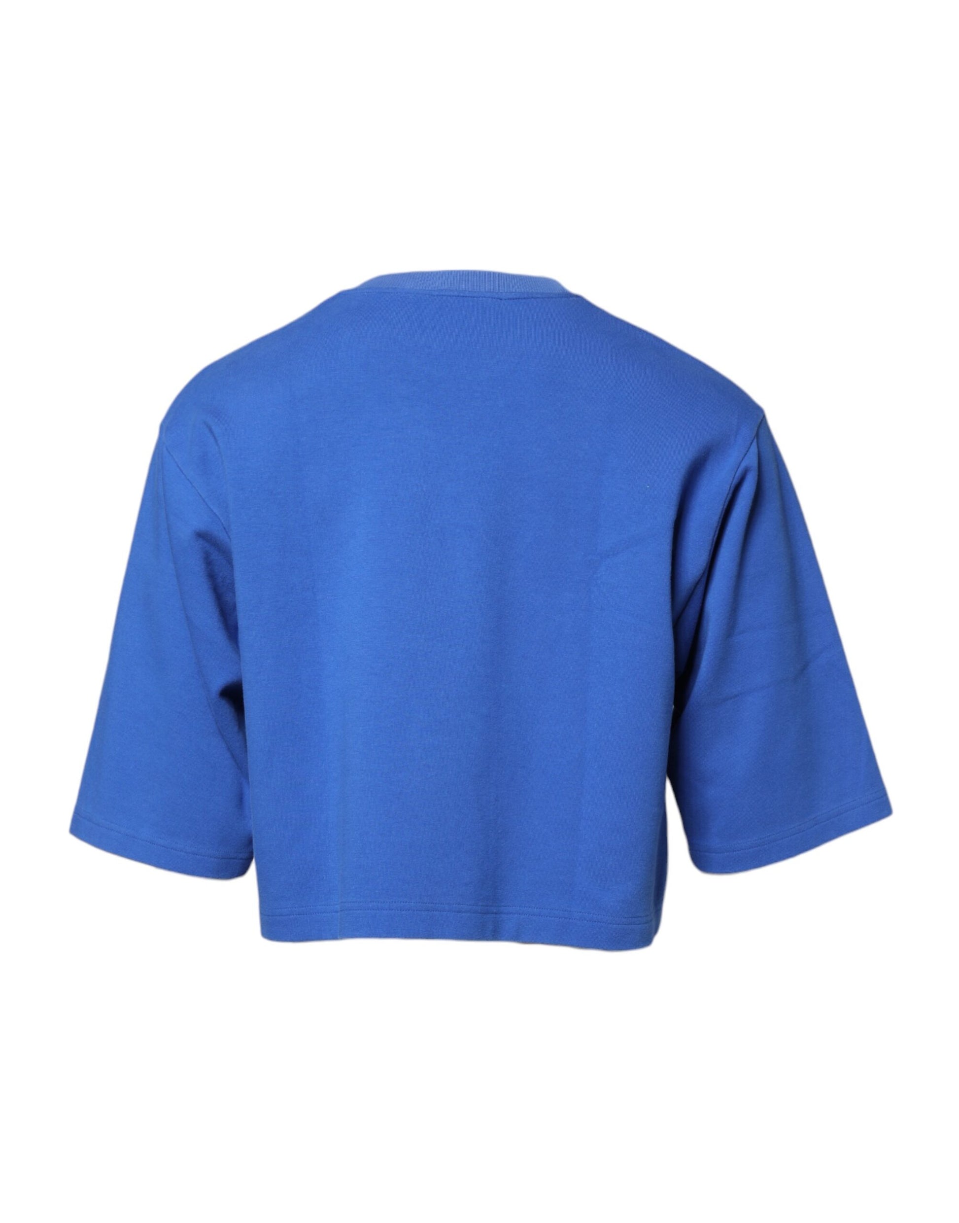 Blaues, bedrucktes, kurzes T-Shirt aus Baumwolle mit Rundhalsausschnitt