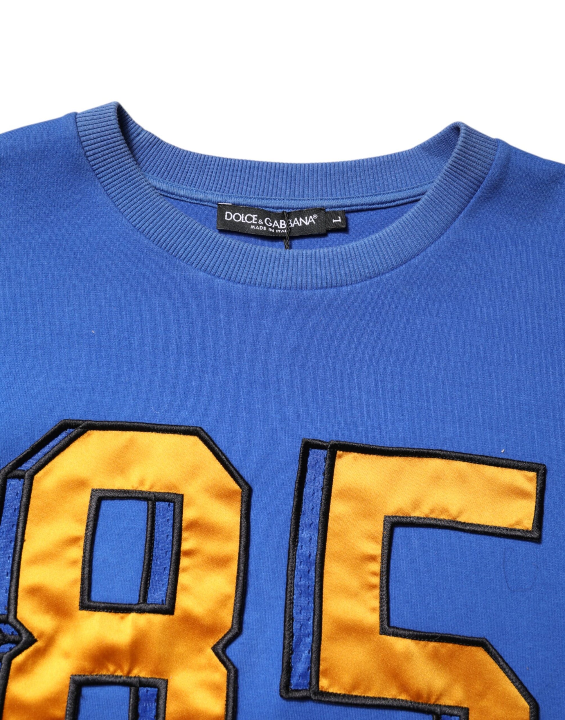 Blaues, bedrucktes, kurzes T-Shirt aus Baumwolle mit Rundhalsausschnitt