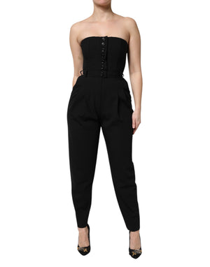 Schwarzes trägerloses Jumpsuit-Kleid aus Wolle