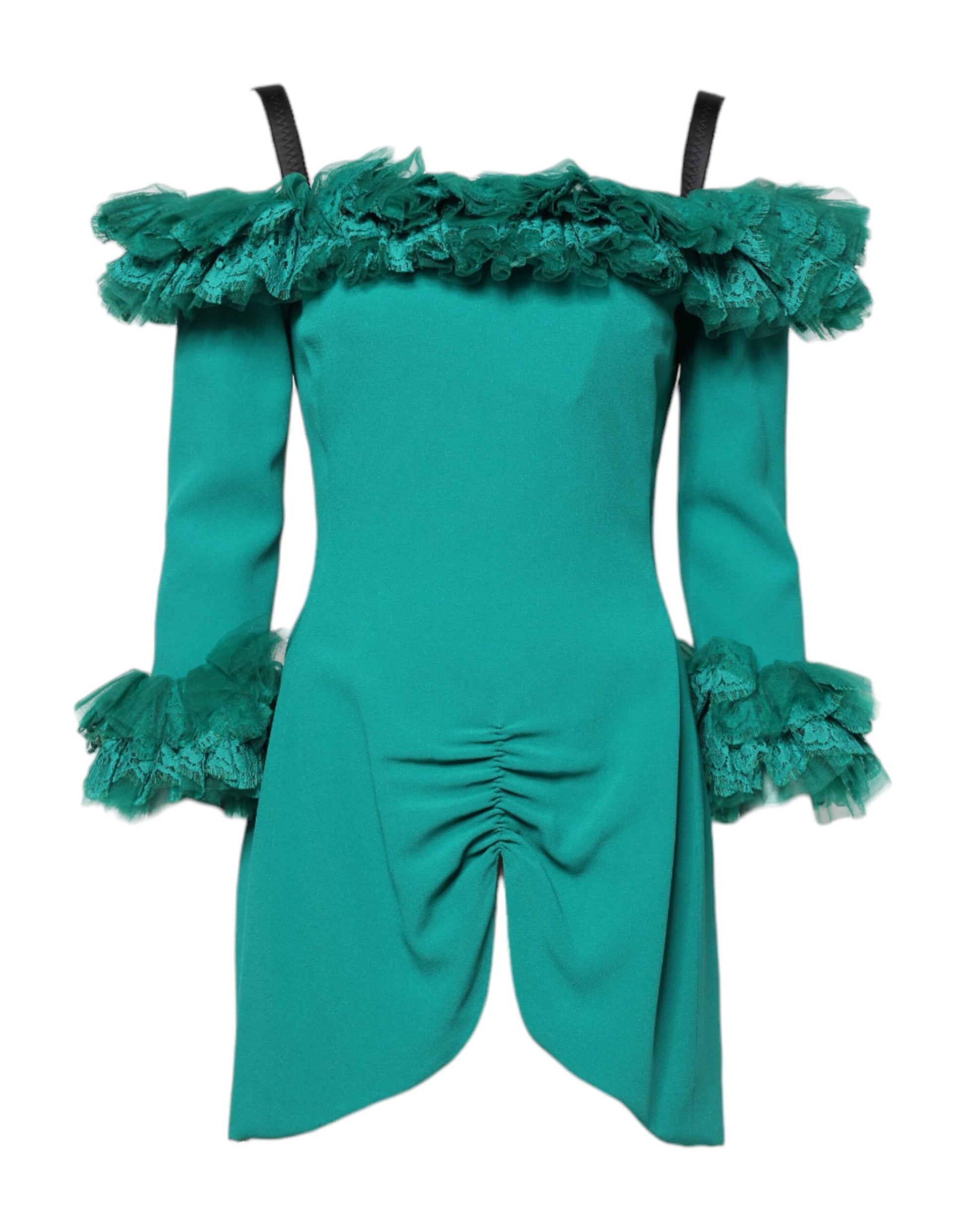 Dolce & Gabbana Green Lace Off Shoulder Sheath Mini Dress