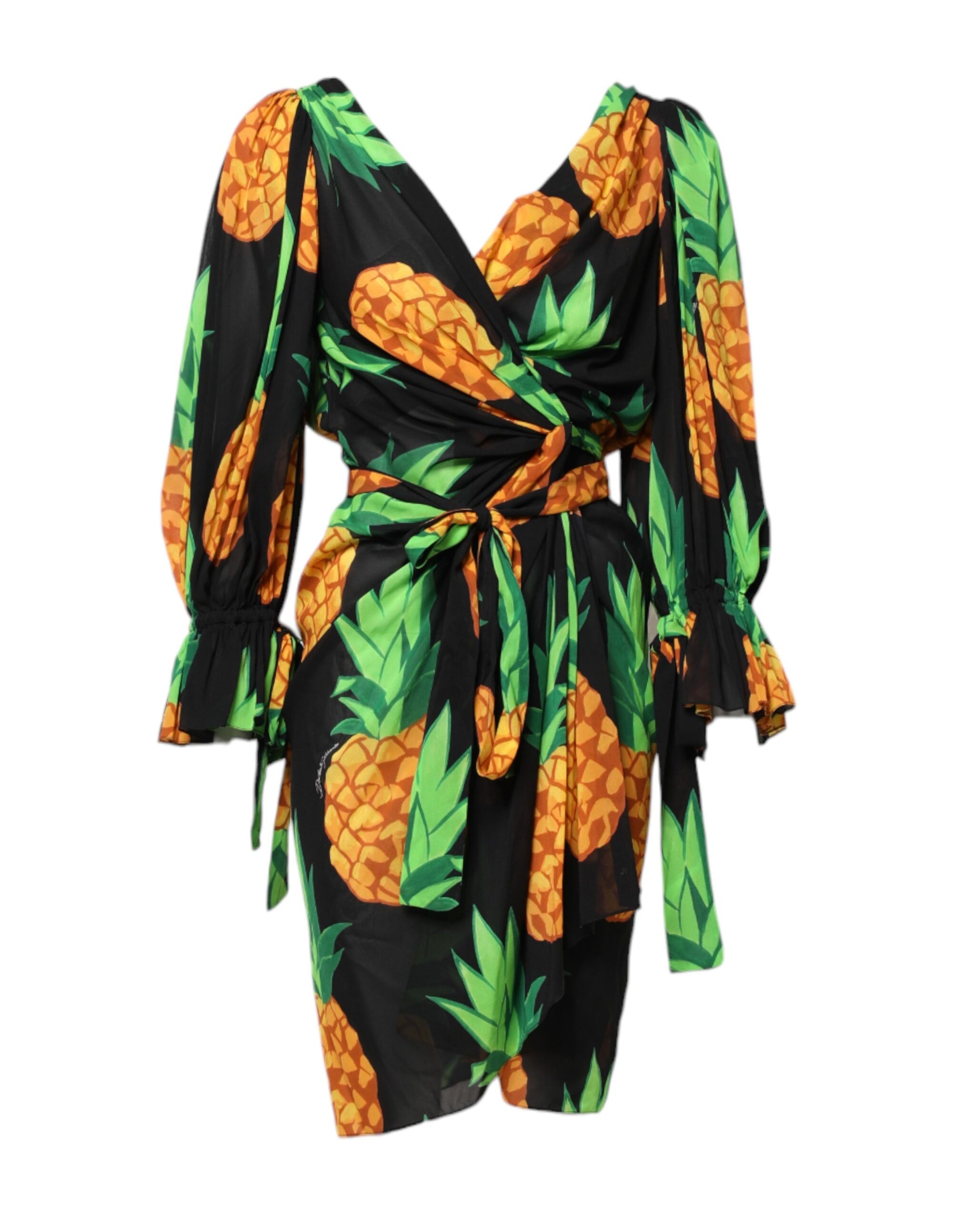 Dolce & Gabbana Black Pineapple Print Silk Wrap Mini Dress