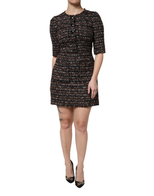 Braunes Tweed-Minikleid in A-Linie mit kurzen Ärmeln