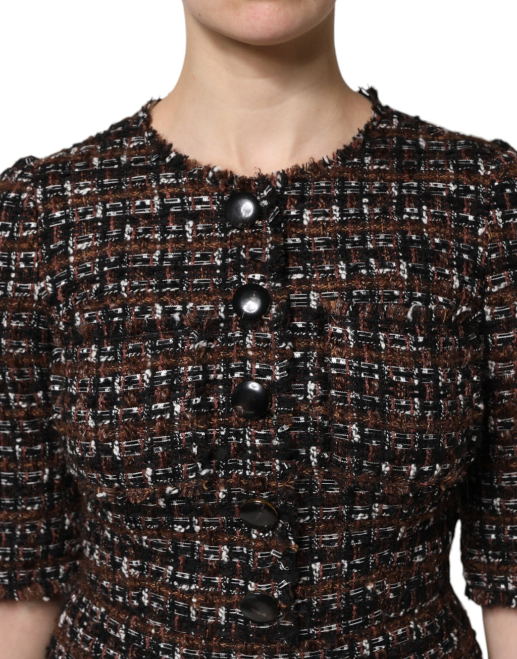 Braunes Tweed-Minikleid in A-Linie mit kurzen Ärmeln