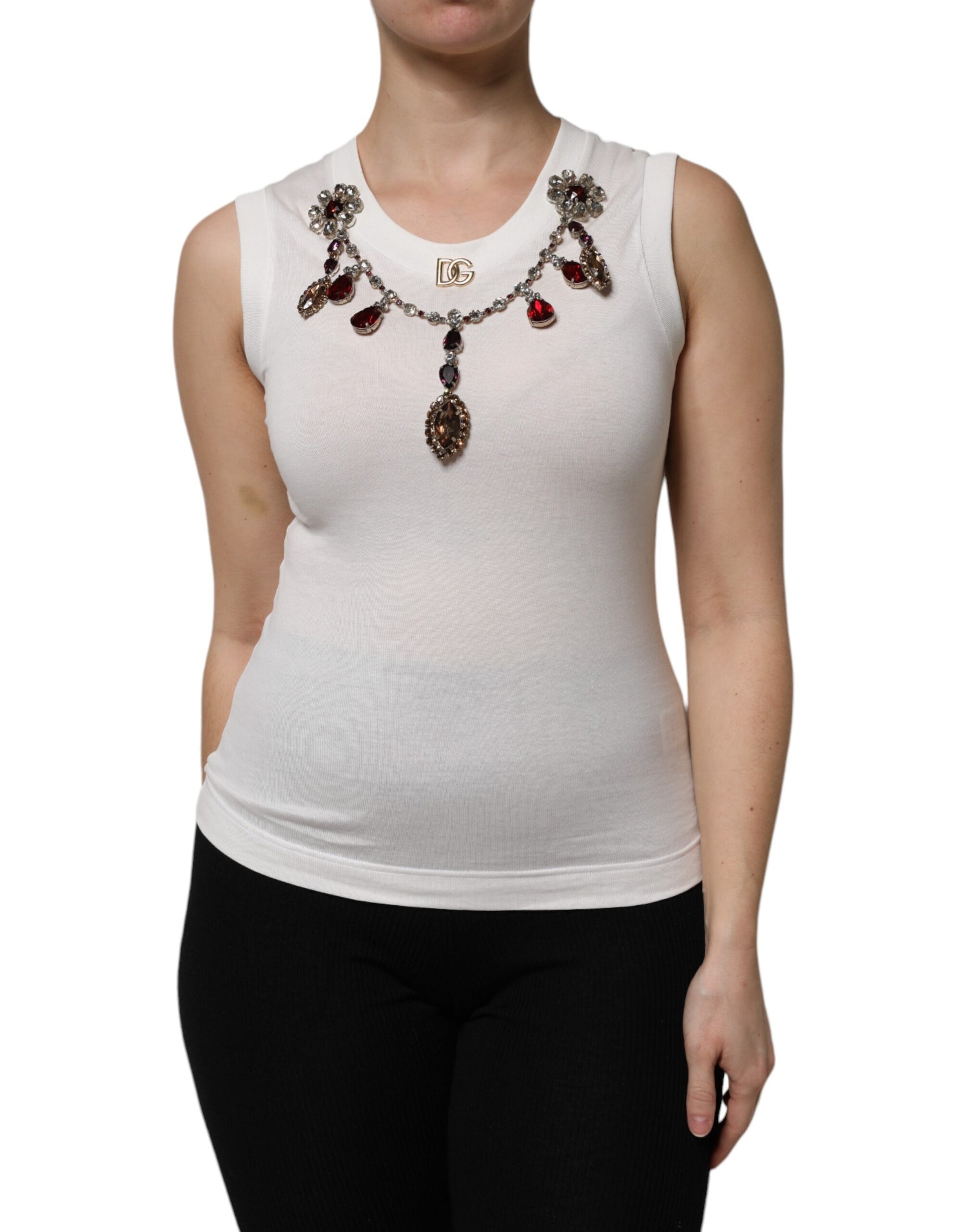 Weißes Tanktop aus Baumwolle mit Logo und Kristallverzierung