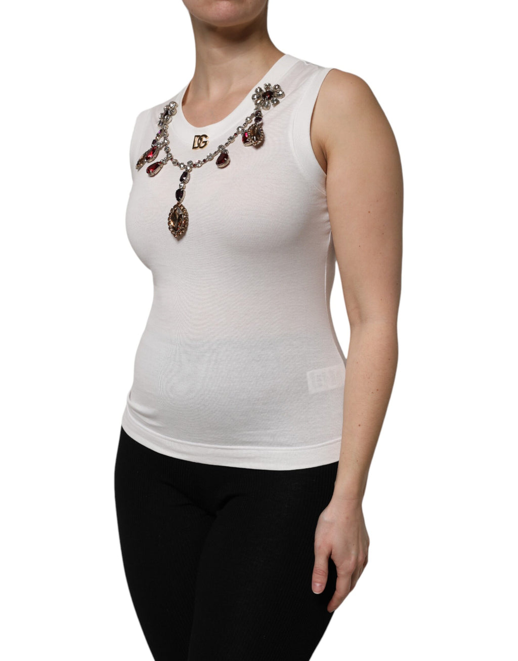 Weißes Tanktop aus Baumwolle mit Logo und Kristallverzierung