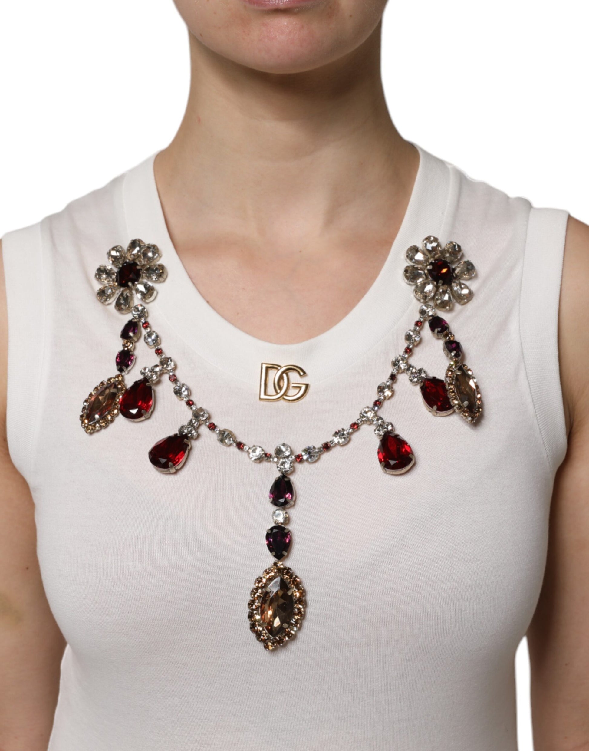 Weißes Tanktop aus Baumwolle mit Logo und Kristallverzierung