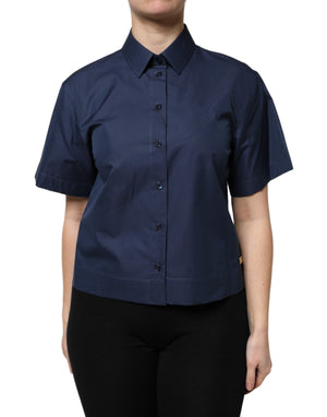 Blaues, kurzärmliges Button-Down-Oberteil aus Baumwolle