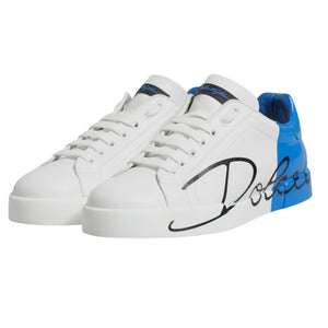 Weiß Blau Leder Logo Low Top Sneakers Schuhe