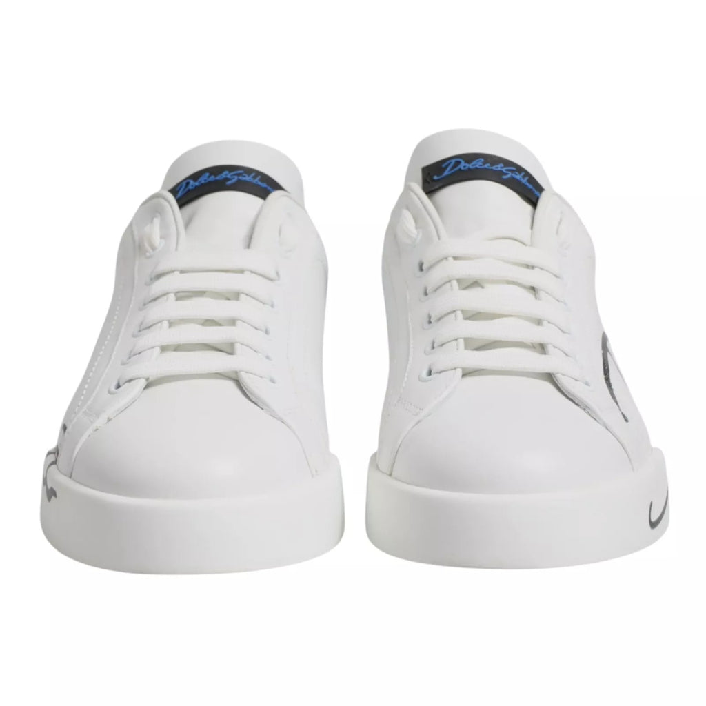 White Blue Leather Logo Low Top Sneakers Shoes
