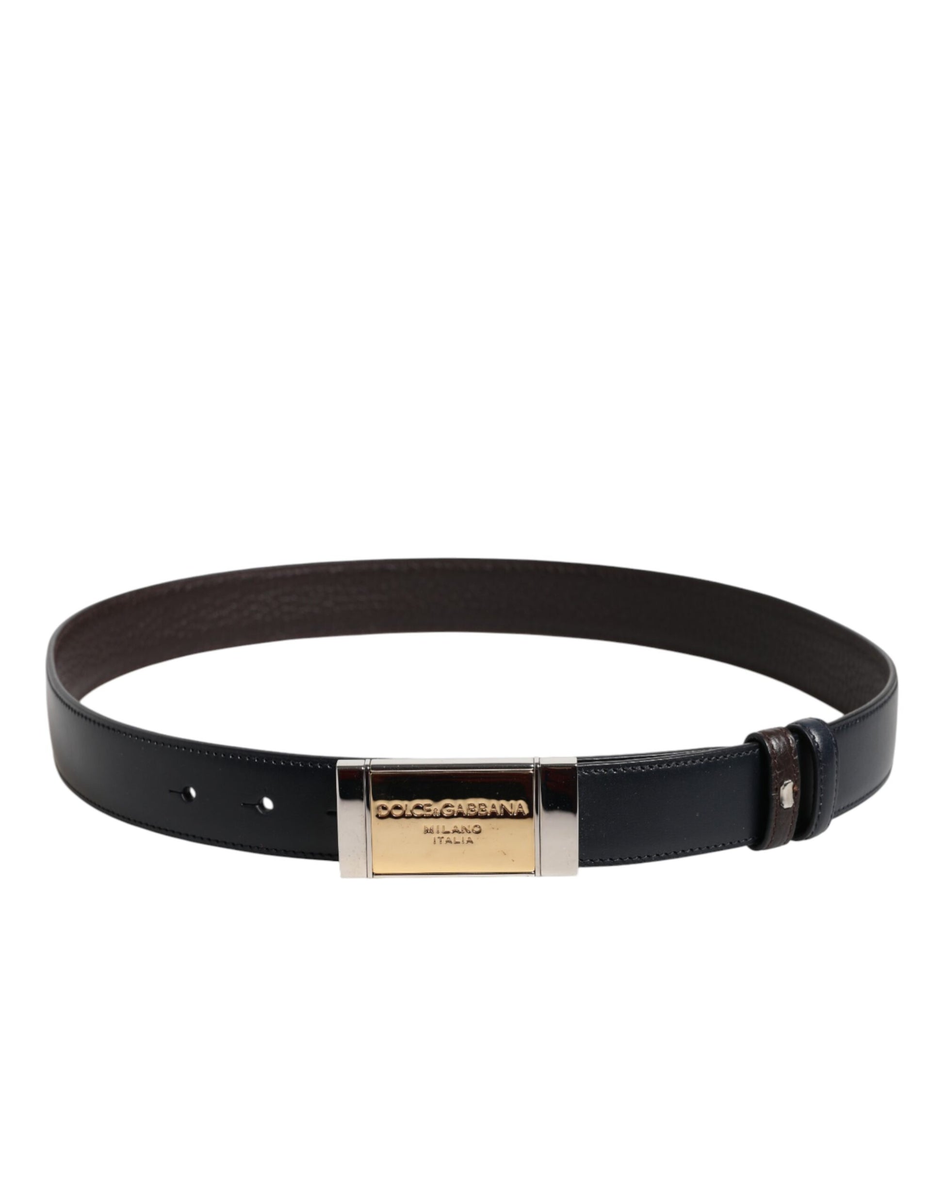 Schwarz-blauer Wendegürtel aus Leder mit goldener Schnalle