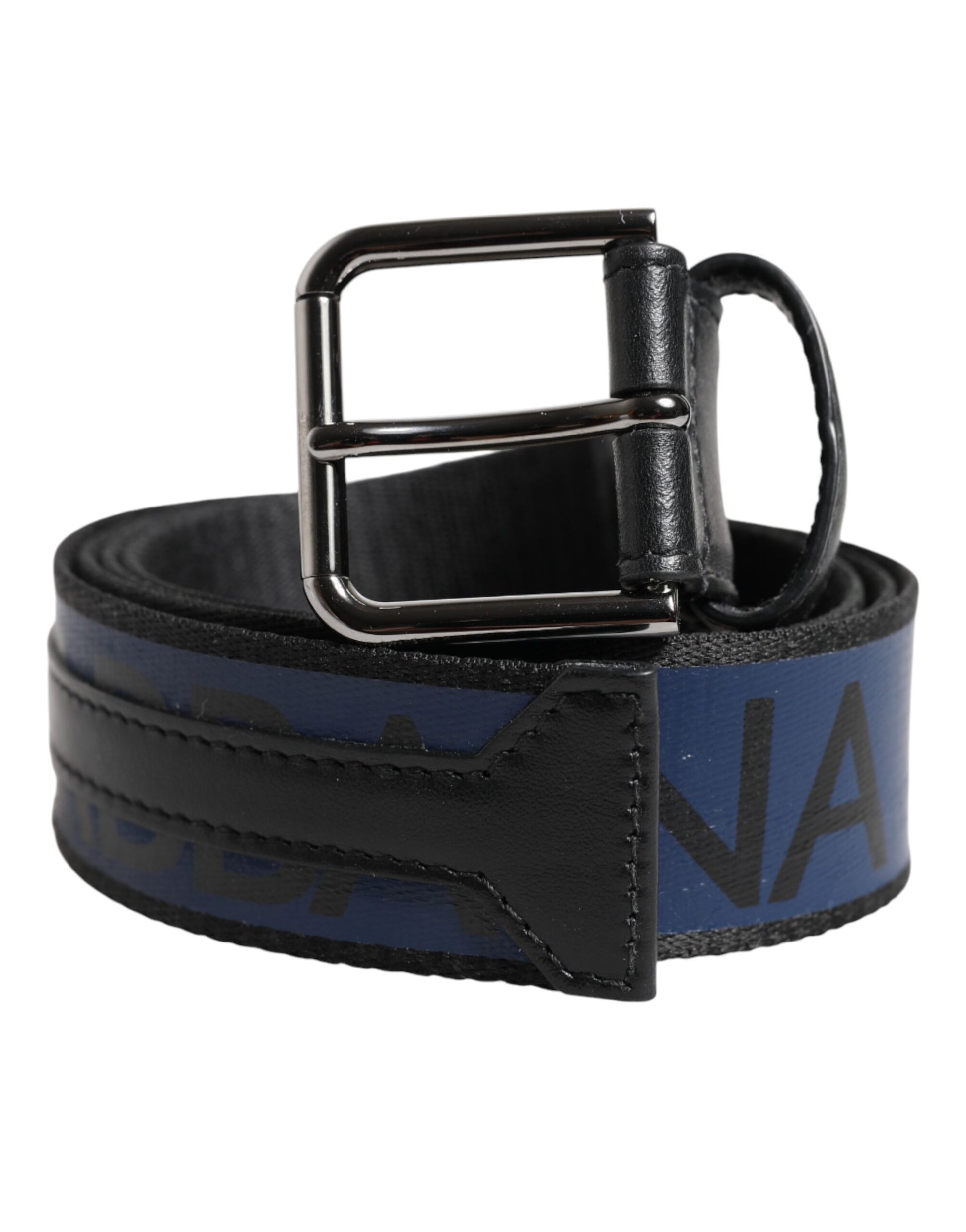 Schwarz-blauer Gürtel mit DG-Logo und silberner Metallschnalle