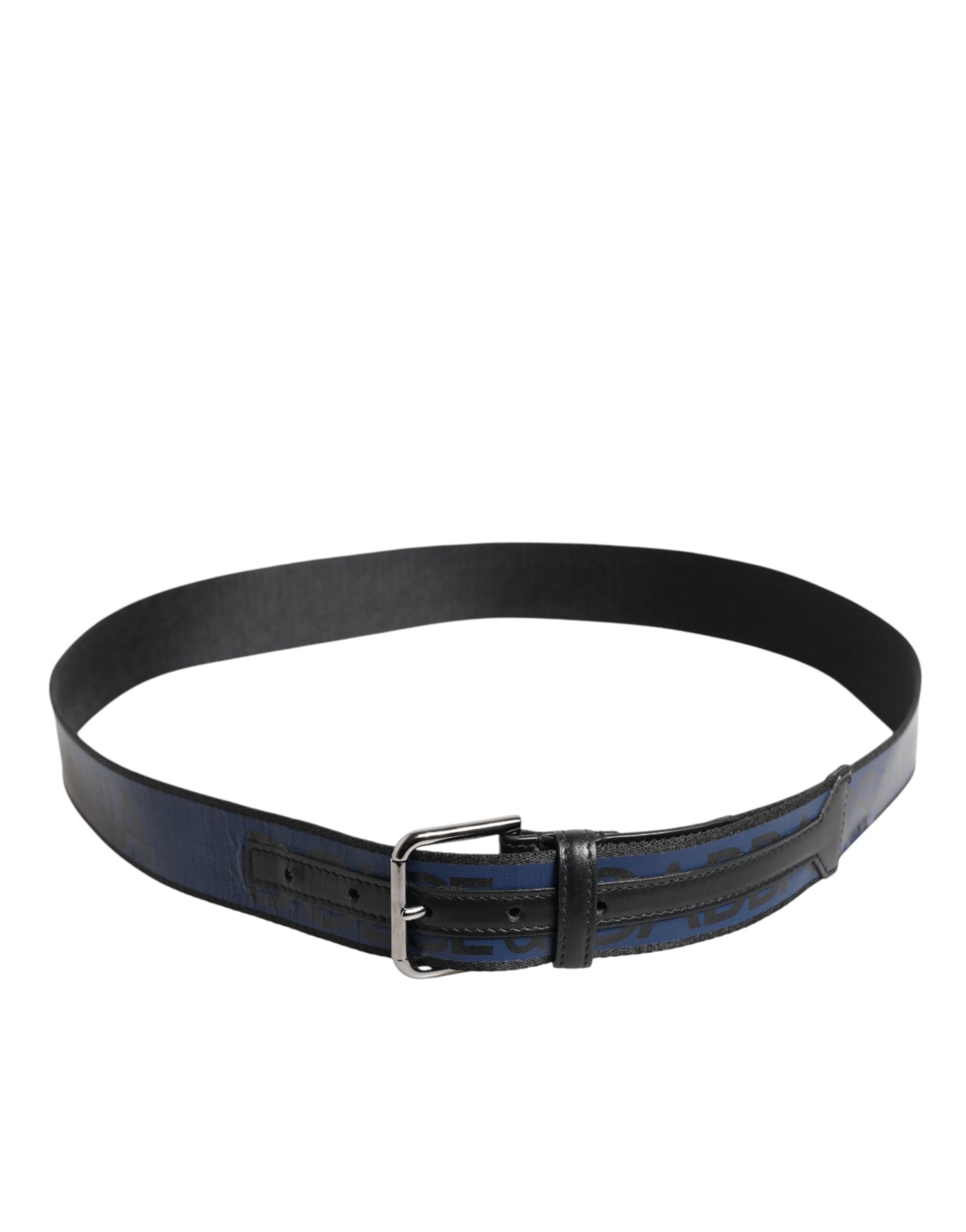 Schwarz-blauer Gürtel mit DG-Logo und silberner Metallschnalle
