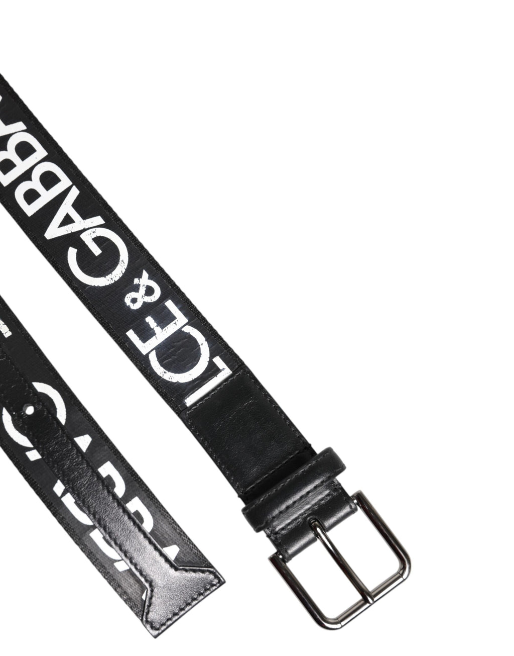Schwarz-weißer Gürtel mit DG-Logo und Messing-Metallschnalle