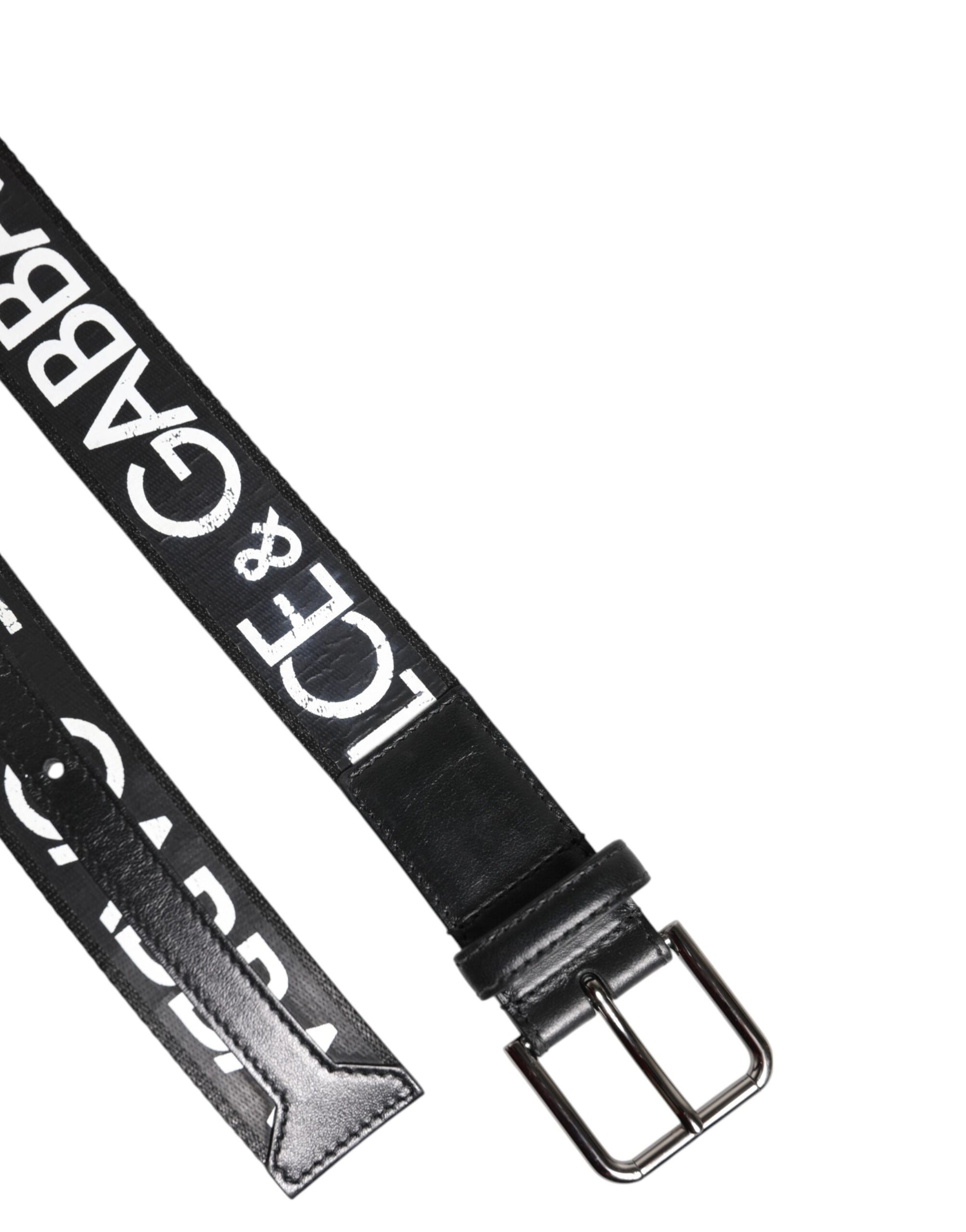 Schwarz-weißer Gürtel mit DG-Logo und Messing-Metallschnalle
