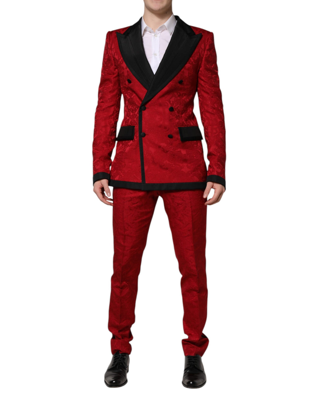 Roter, geblümter, zweireihiger Jacquard-Anzug, 2-teilig