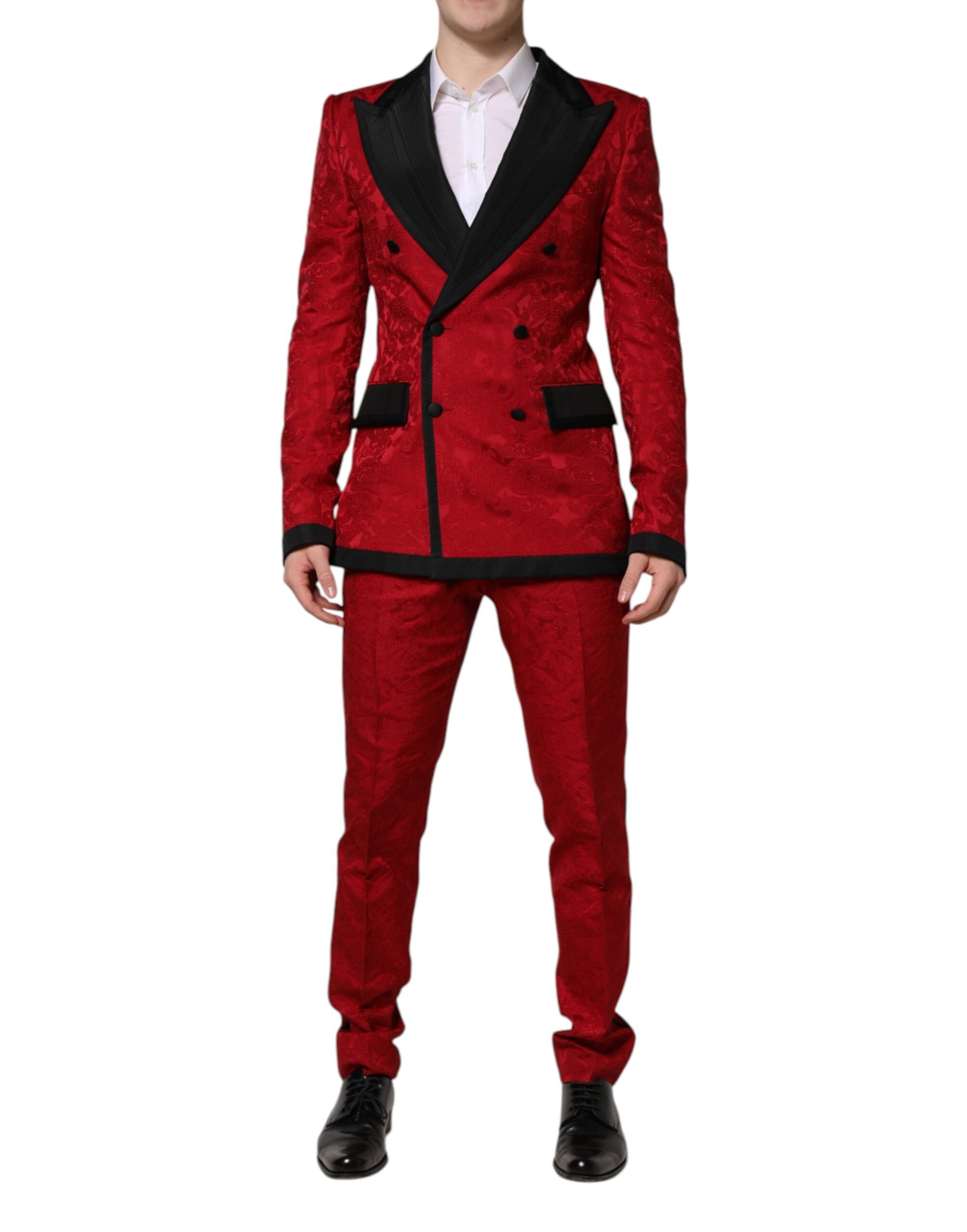 Roter, geblümter, zweireihiger Jacquard-Anzug, 2-teilig