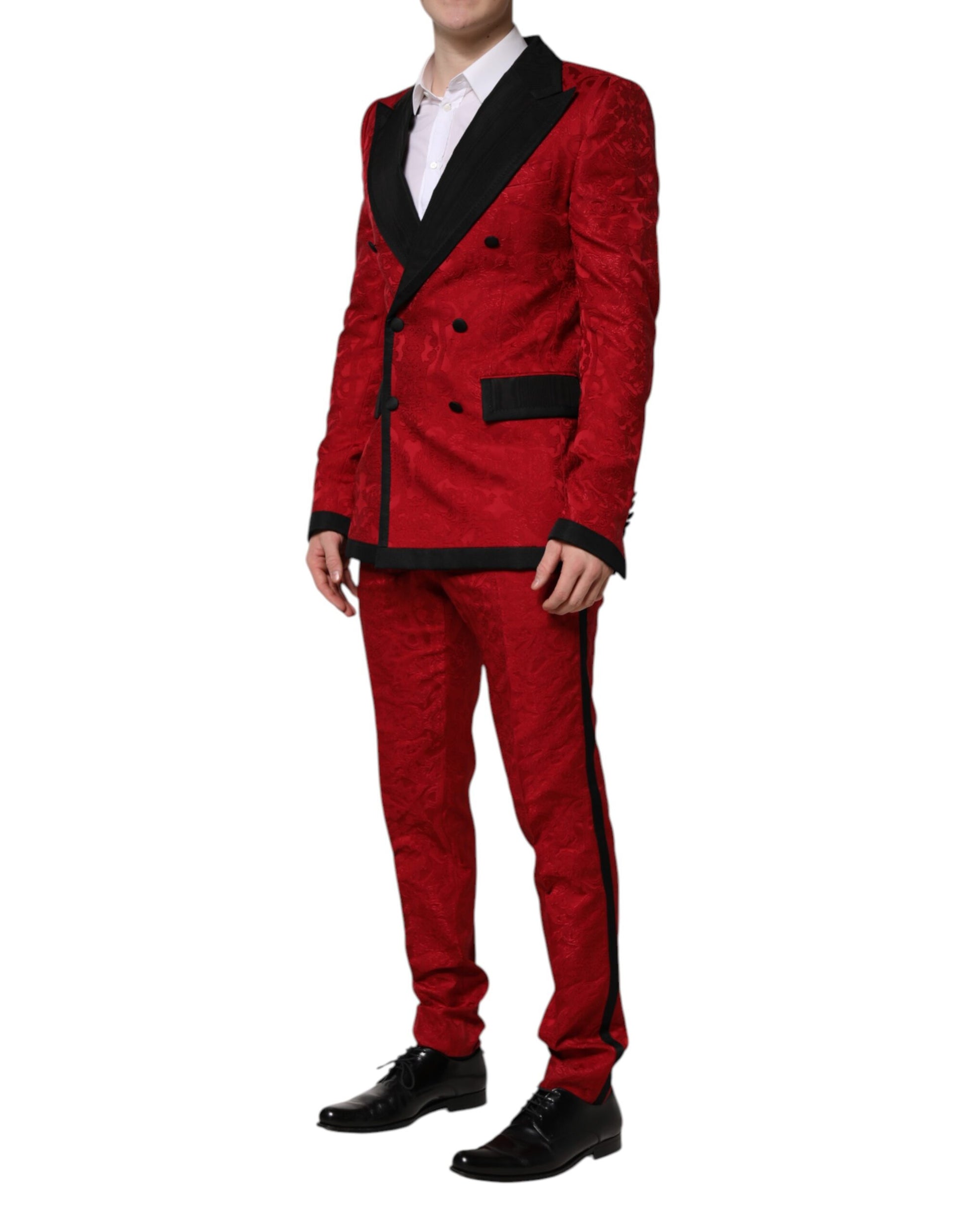 Roter, geblümter, zweireihiger Jacquard-Anzug, 2-teilig