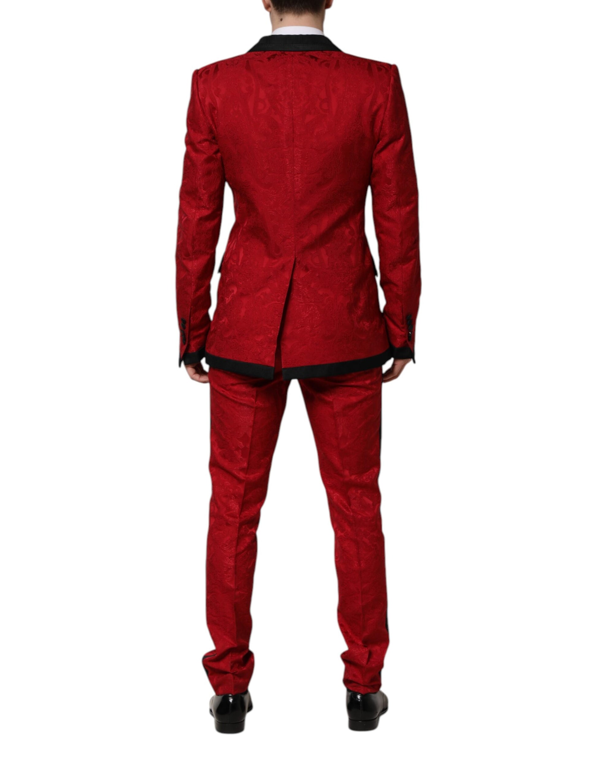 Roter, geblümter, zweireihiger Jacquard-Anzug, 2-teilig