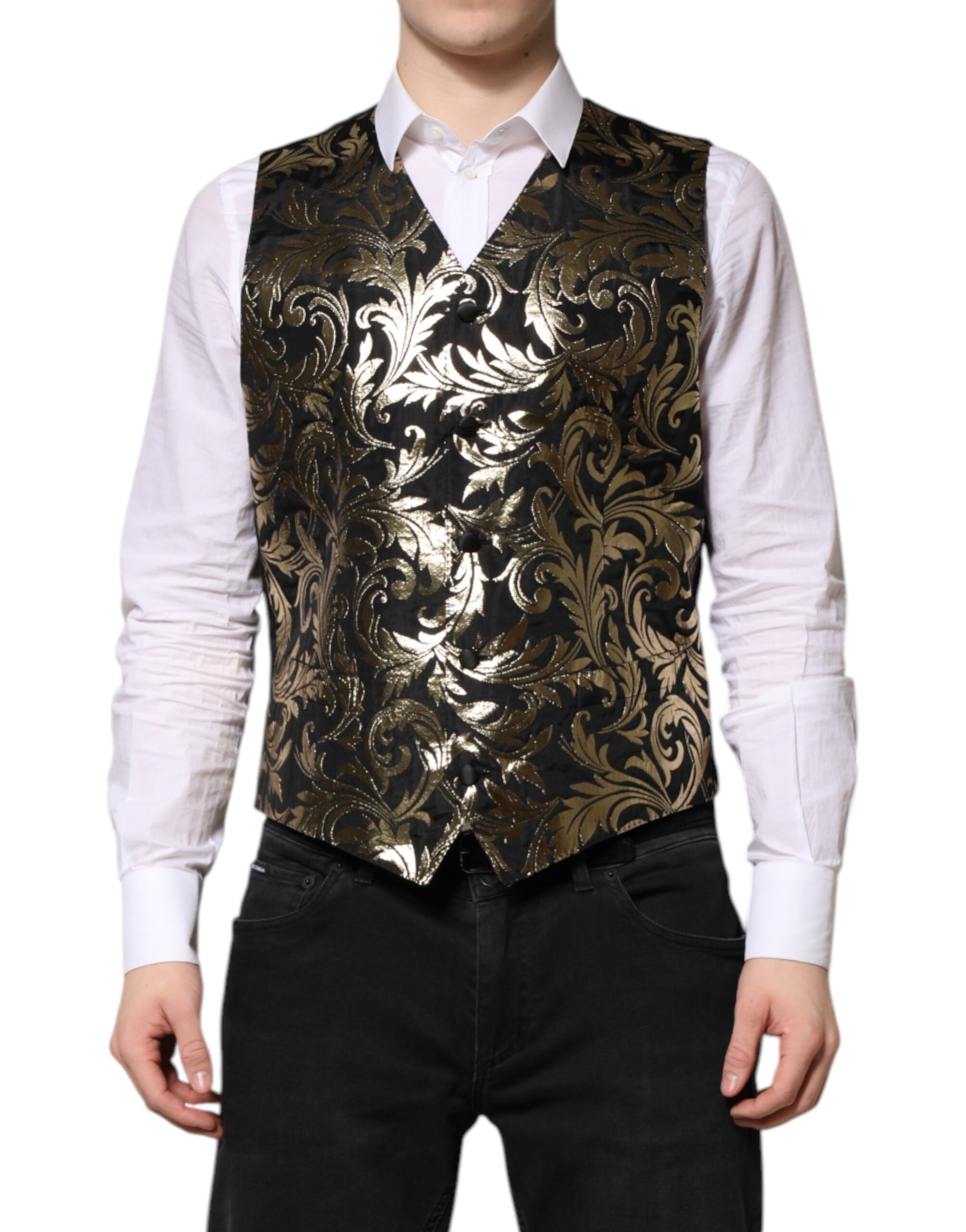 Schwarze, goldene Jacquard-Weste für formelle Herren
