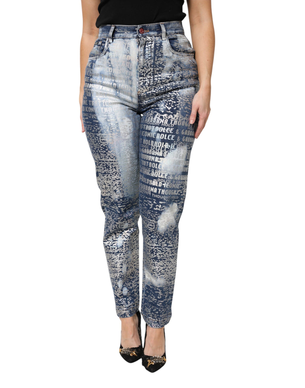 Blaue Jeans mit verwaschenem Print und hoher Taille