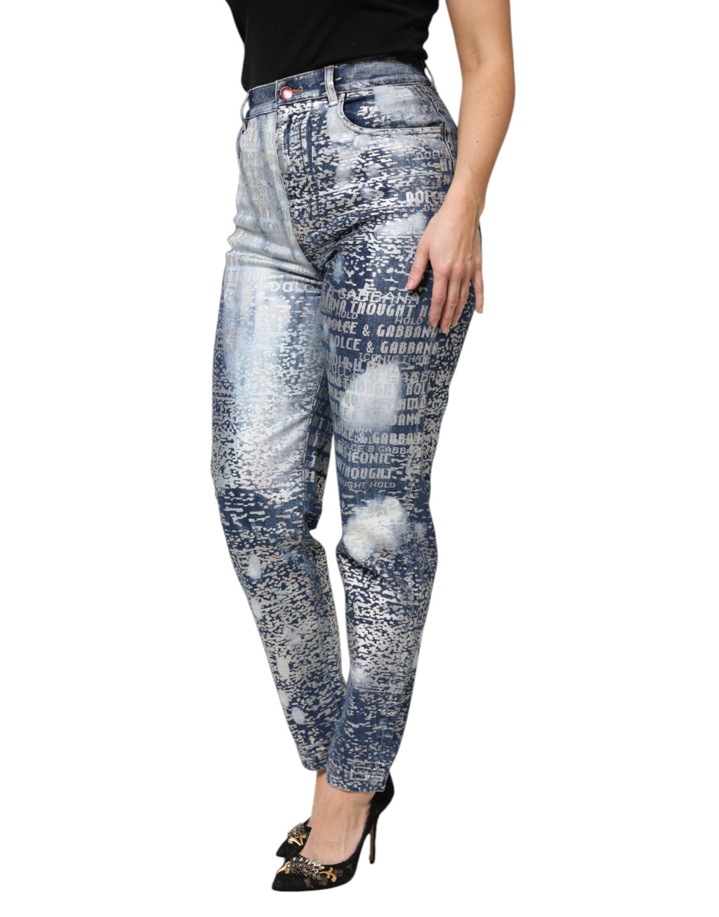 Blaue Jeans mit verwaschenem Print und hoher Taille