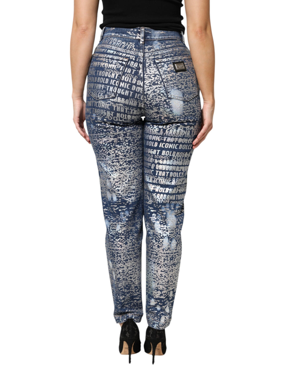 Blaue Jeans mit verwaschenem Print und hoher Taille