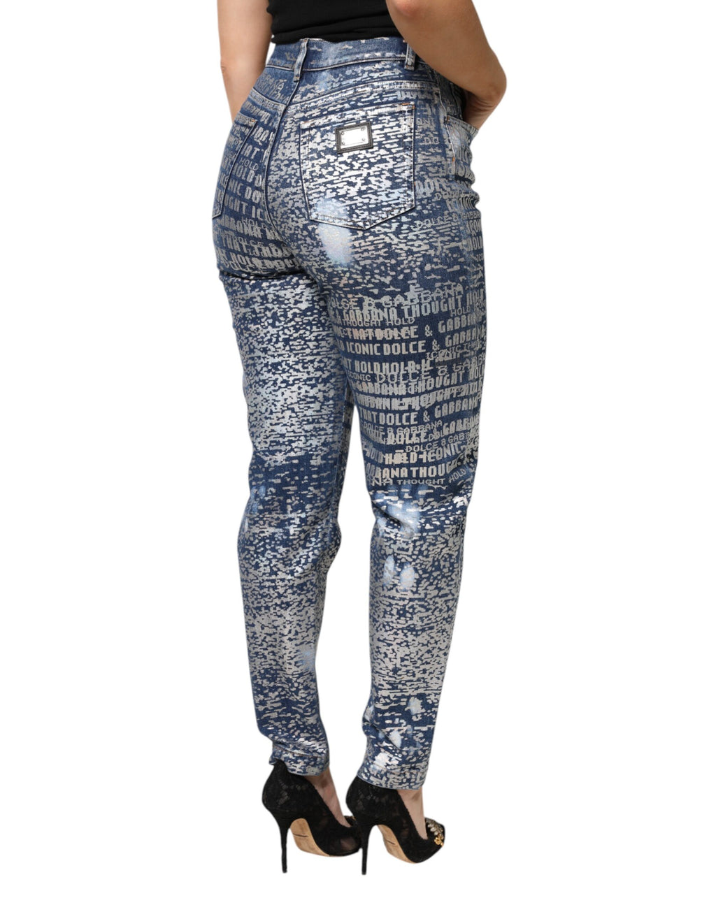 Blaue Jeans mit verwaschenem Print und hoher Taille