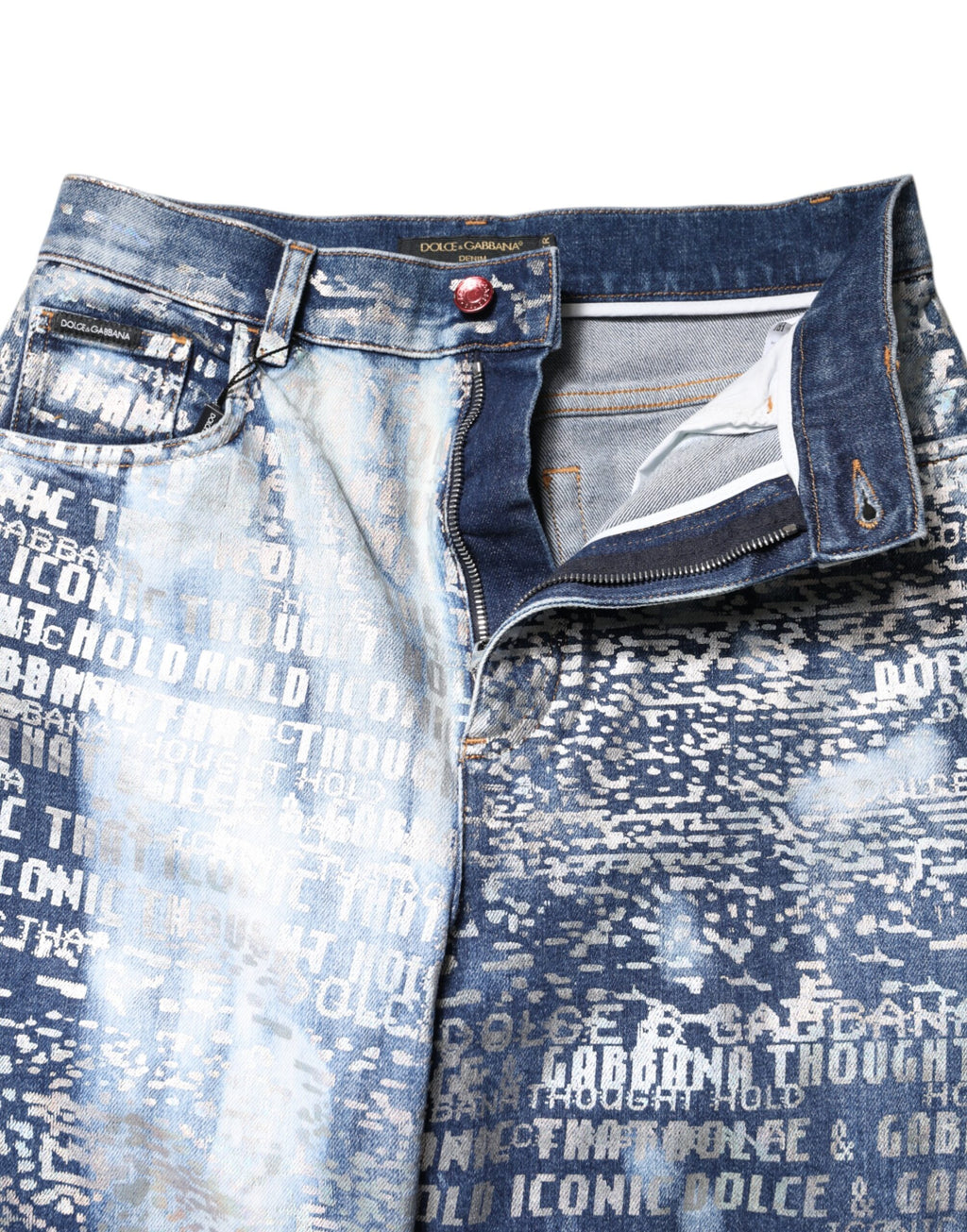 Blaue Jeans mit verwaschenem Print und hoher Taille