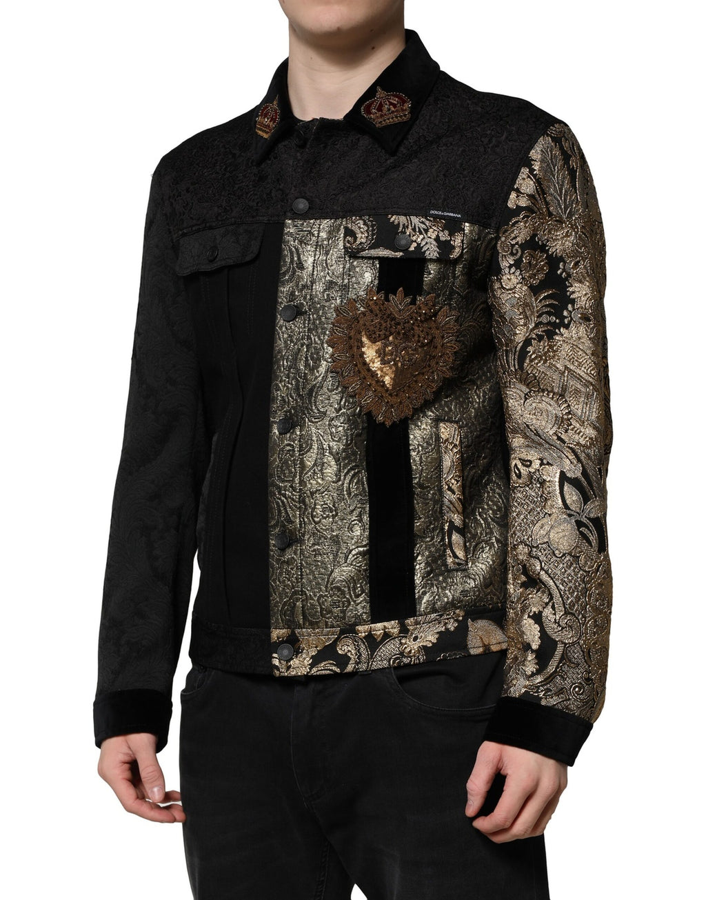 Schwarz-goldene Jacquard-Bikerjacke für Herren mit Blumenmuster