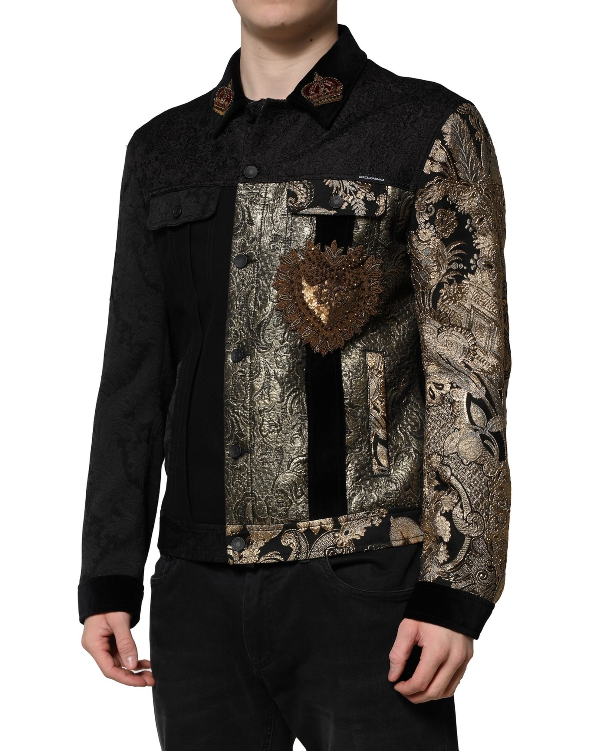 Schwarz-goldene Jacquard-Bikerjacke für Herren mit Blumenmuster