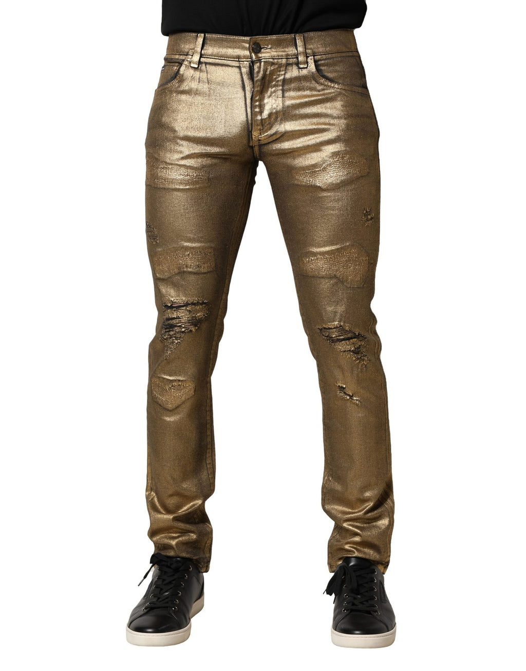 Goldfarbene Slim-Jeans aus zerfetztem Baumwollstretch