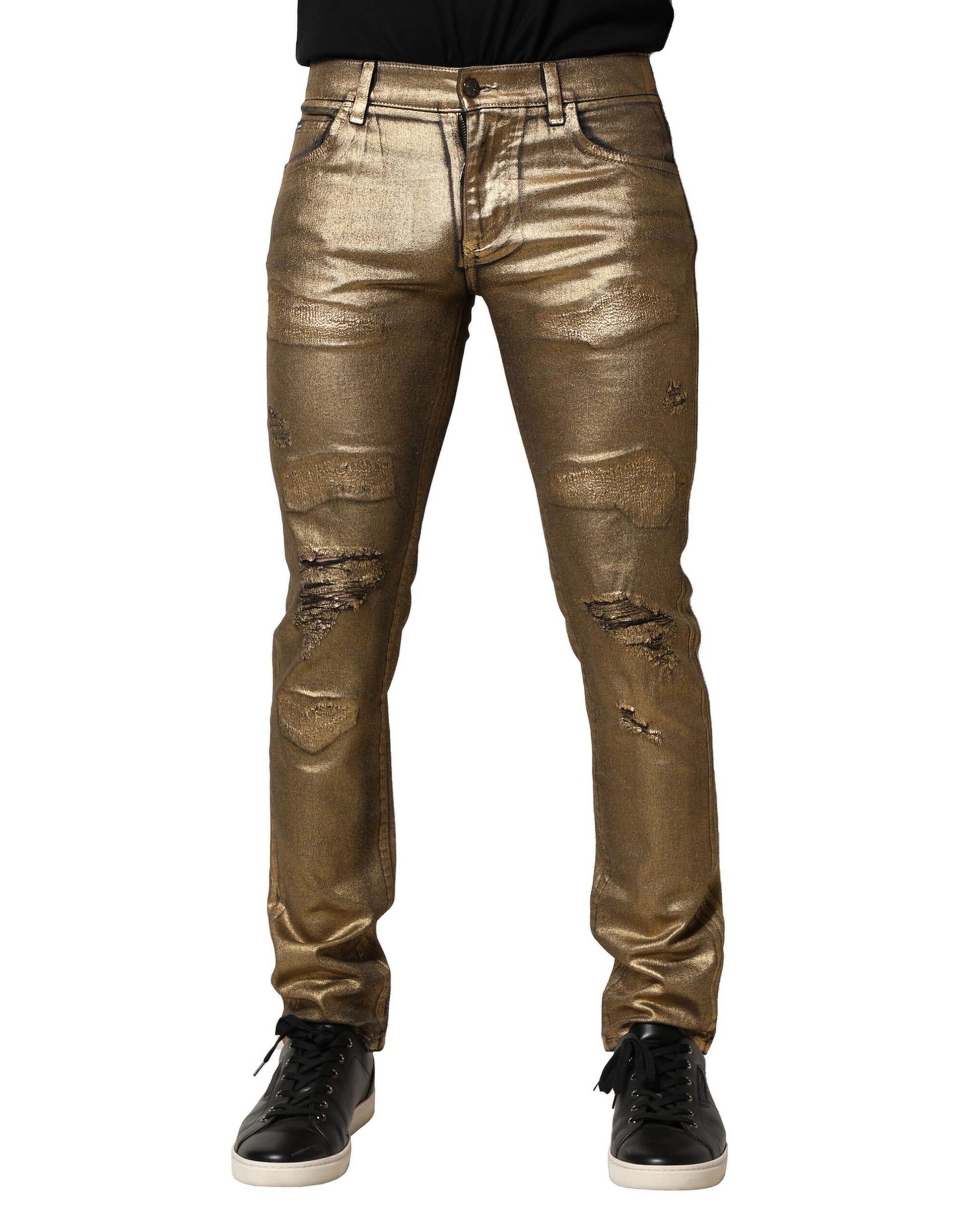 Goldfarbene Slim-Jeans aus zerfetztem Baumwollstretch