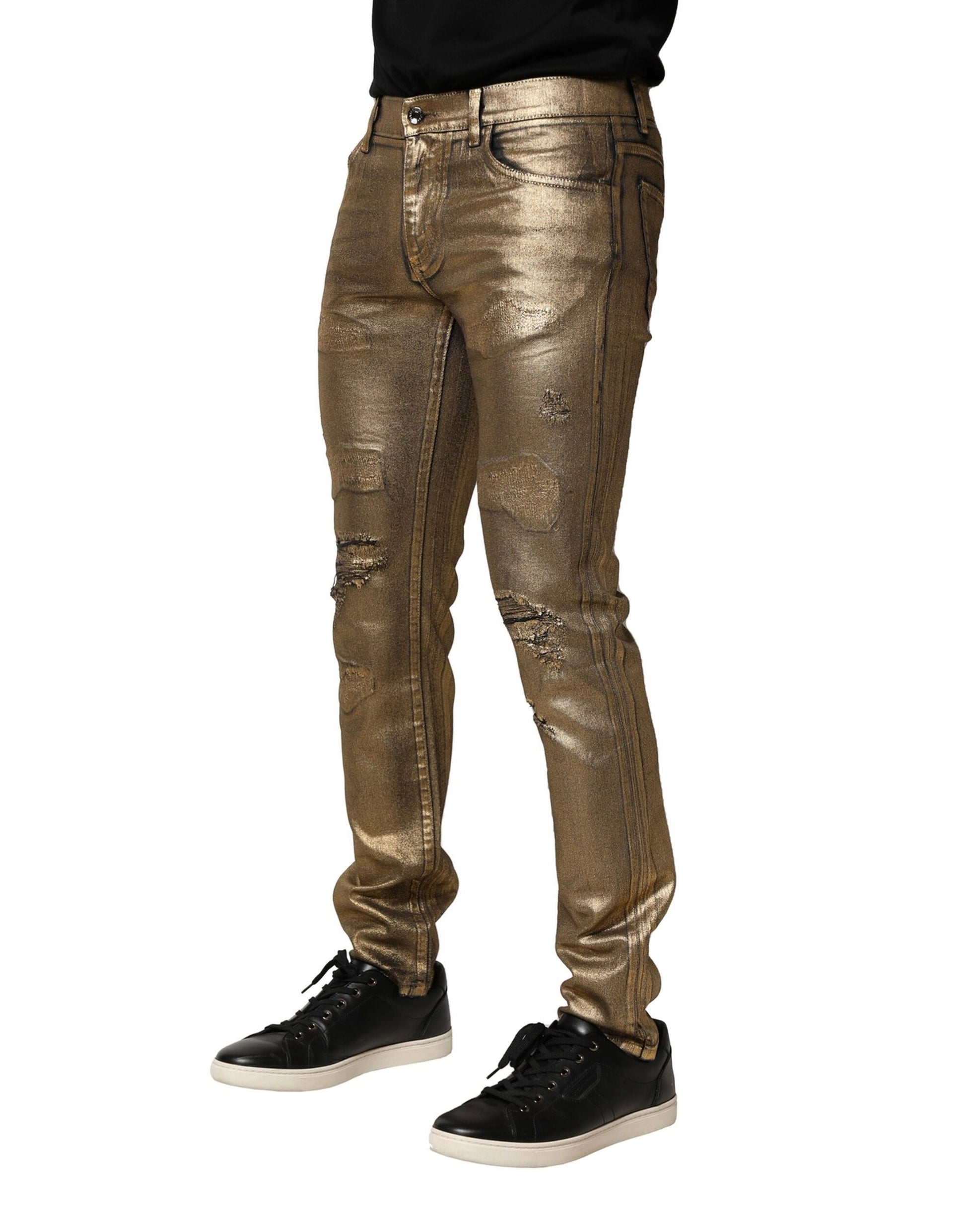 Goldfarbene Slim-Jeans aus zerfetztem Baumwollstretch