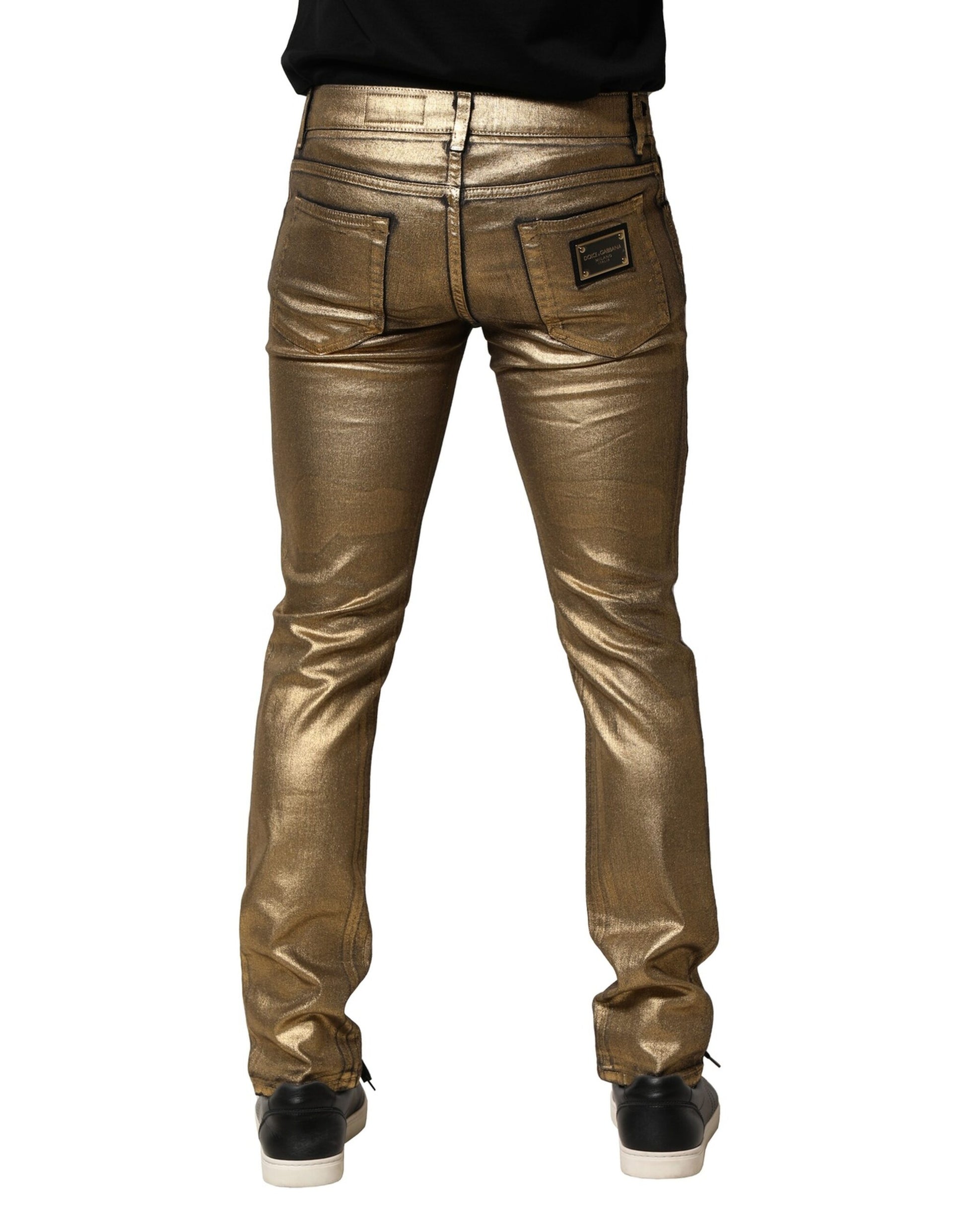 Goldfarbene Slim-Jeans aus zerfetztem Baumwollstretch