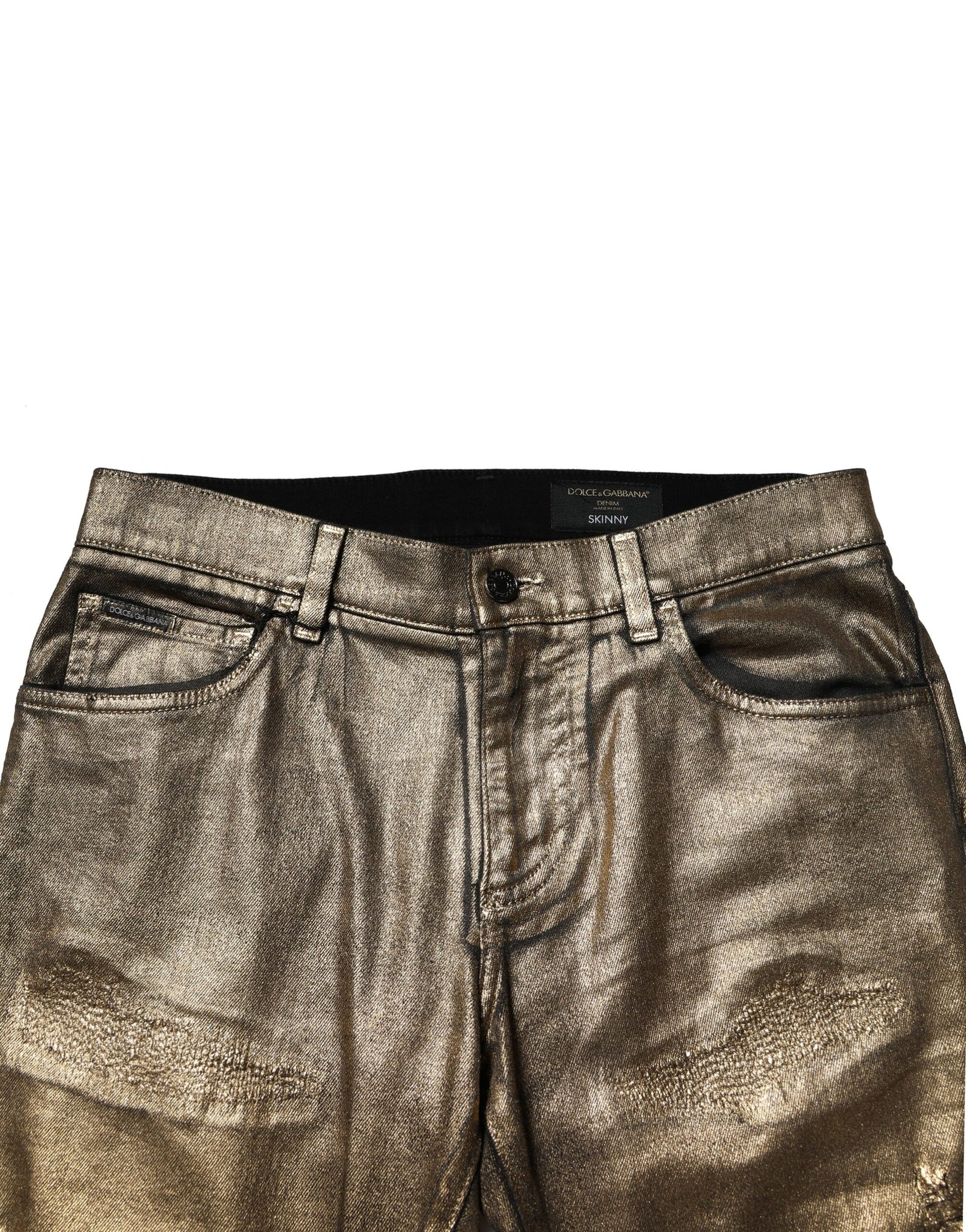 Goldfarbene Slim-Jeans aus zerfetztem Baumwollstretch