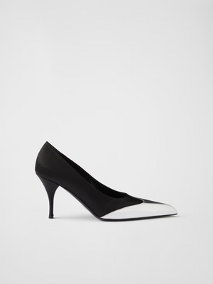 Black Satin And Metallic Silver Leather Pumps