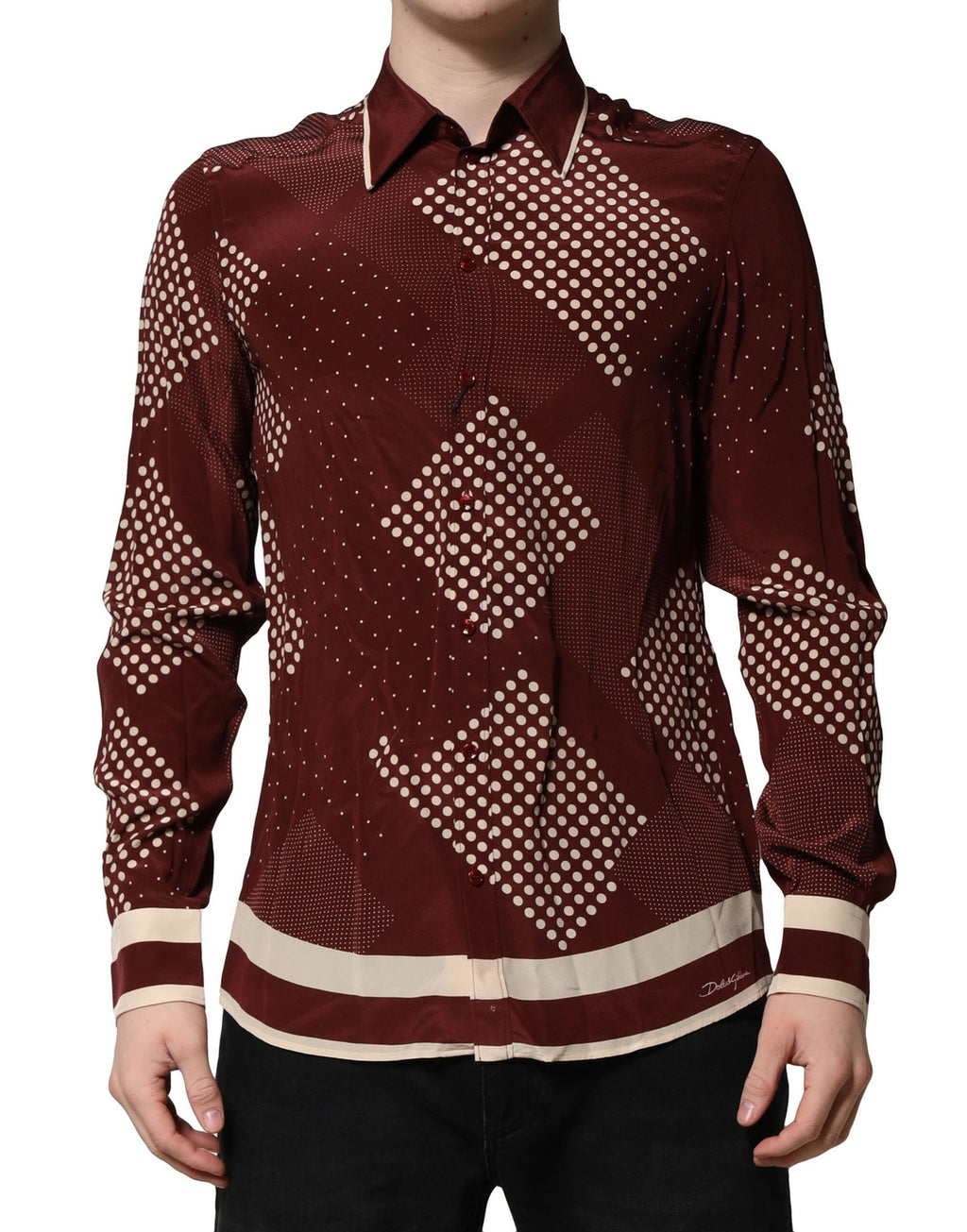 Dolce & Gabbana Maroon Dotted Silk Long Sleeve Casual Shirt