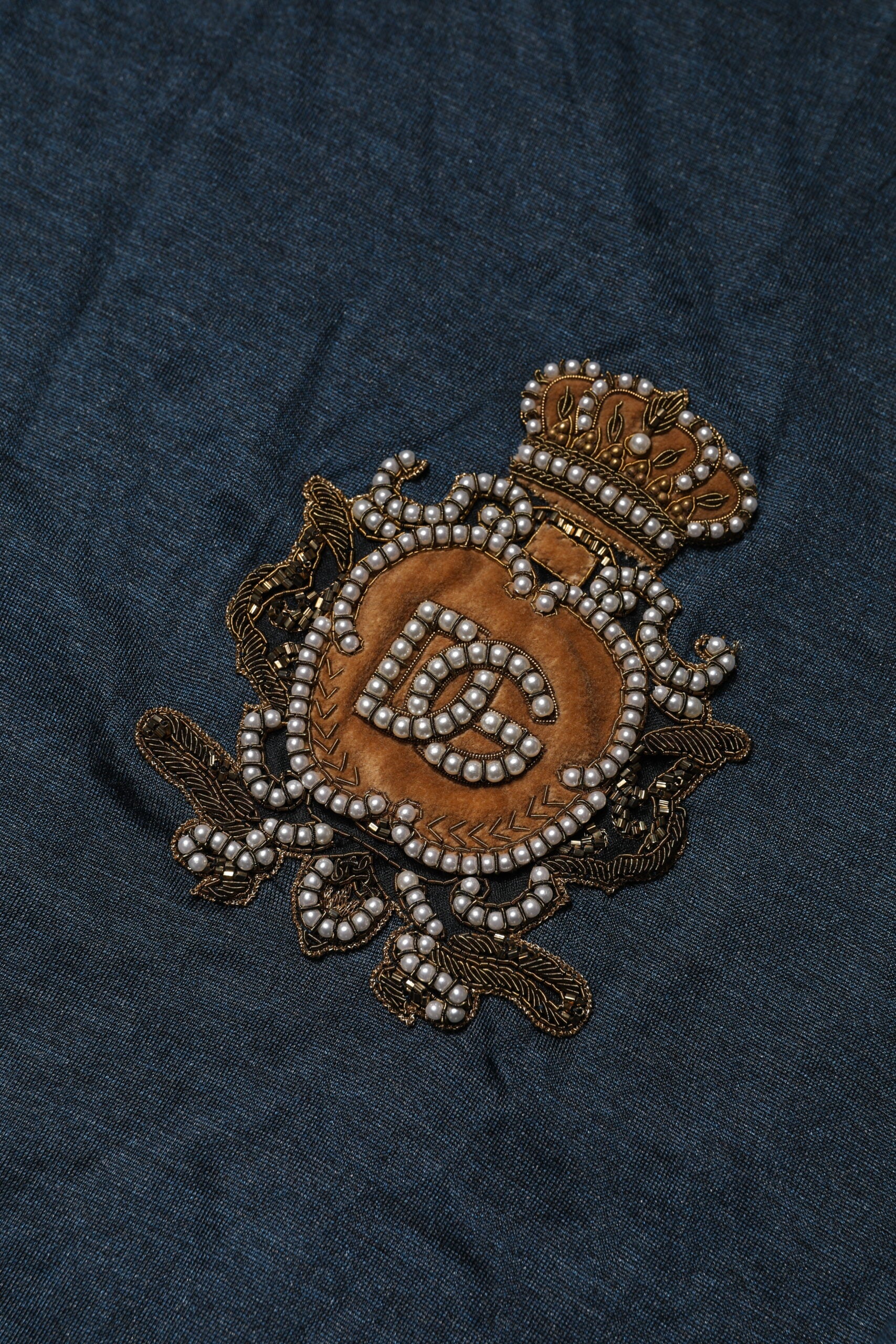 Dolce & Gabbana Dark Blue Silk Logo Patch Crew Neck T-shirt