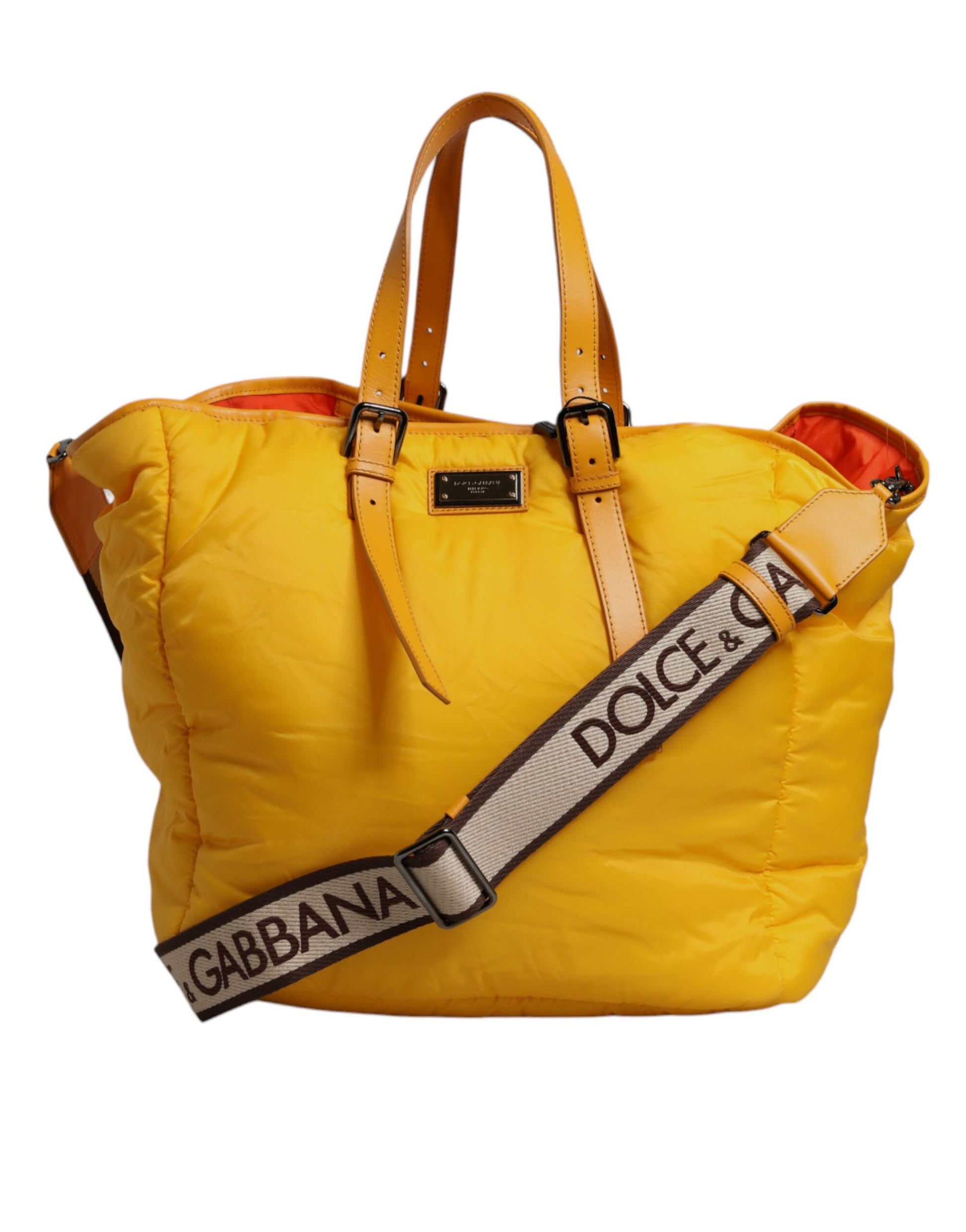 Gelb-orangefarbene Tragetasche aus Nylon mit Logo-Plakette