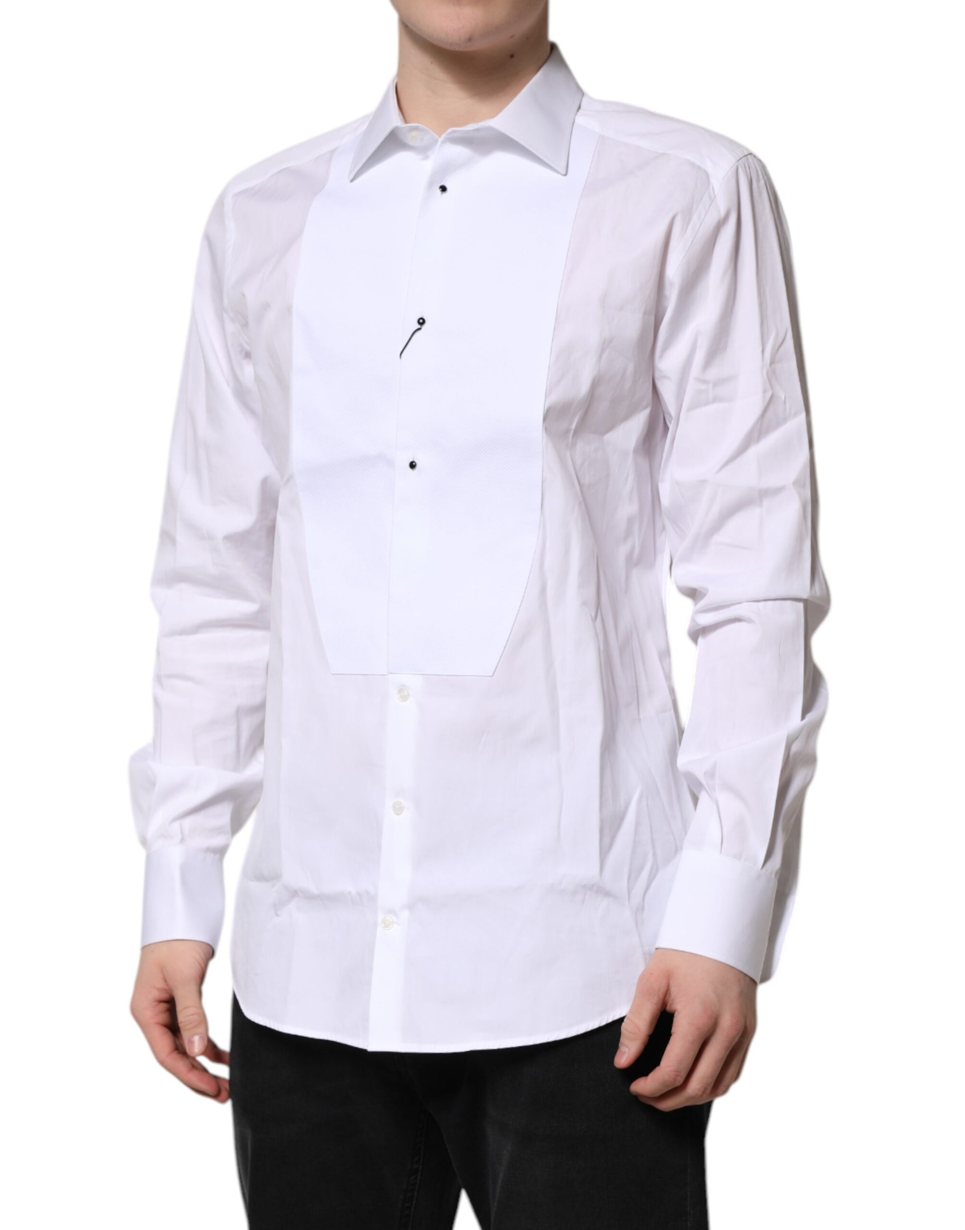 Dolce & Gabbana White Silk Bib Poplin GOLD Men Formal Shirt