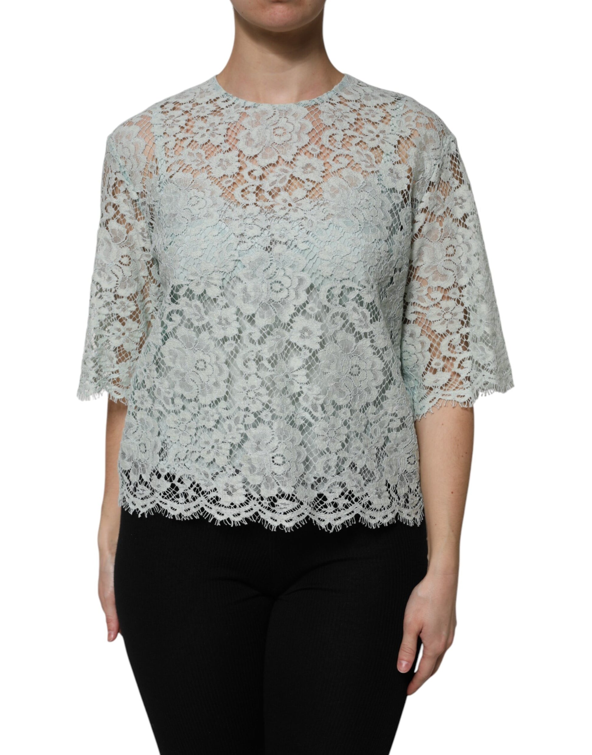 Dolce & Gabbana Mint Green Floral Lace Cotton Blouse Top
