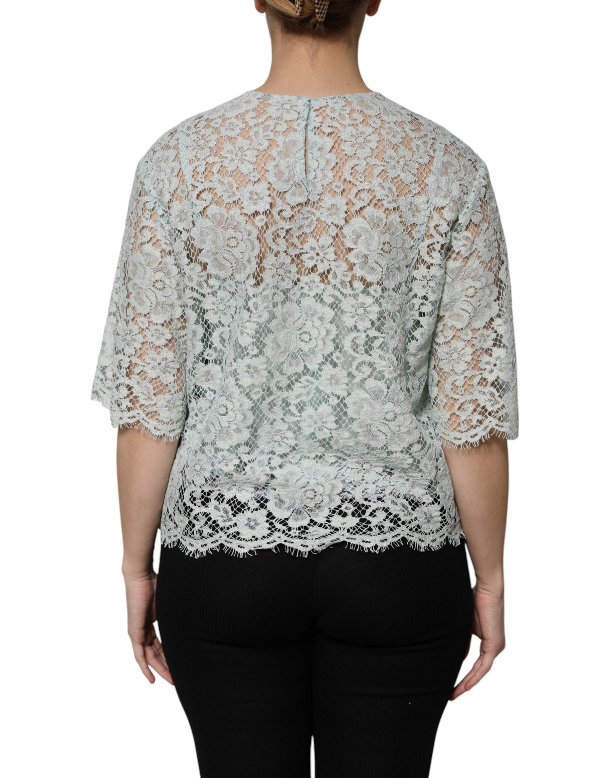 Dolce & Gabbana Mint Green Floral Lace Cotton Blouse Top