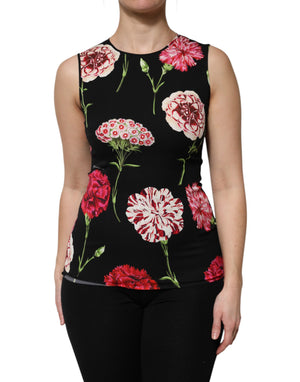 Schwarzes ärmelloses Tank-Bluse-Top mit Blumenmuster