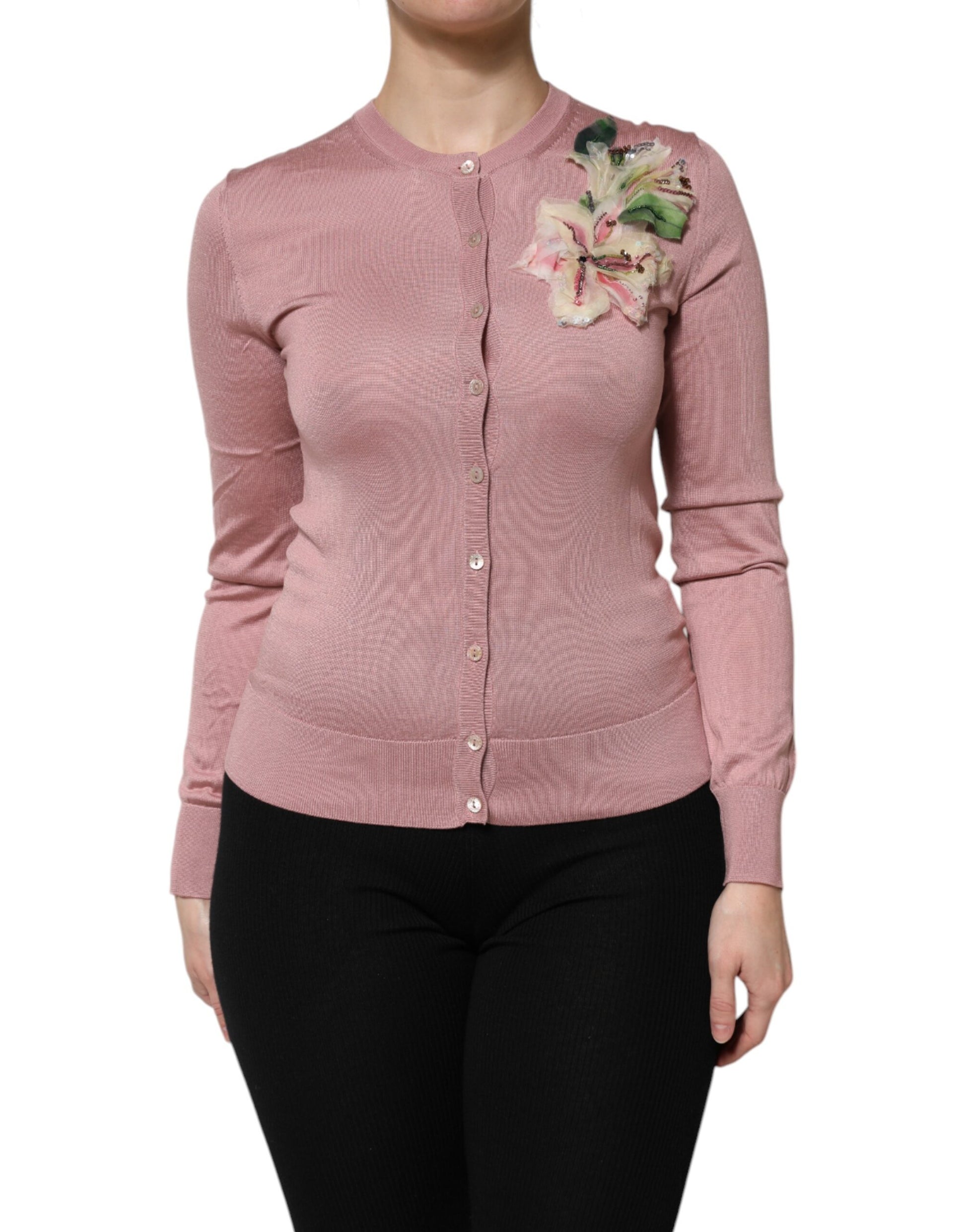 Dolce & Gabbana Pink Silk Knit Button Down Cardigan Sweater
