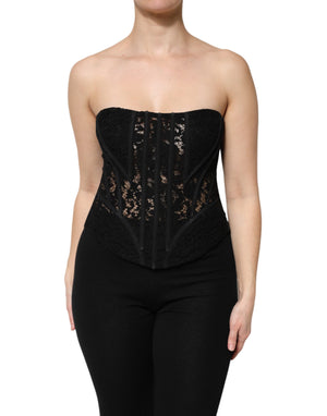 Schwarzes Korsett-Bustier-Top aus geblümter Baumwolle