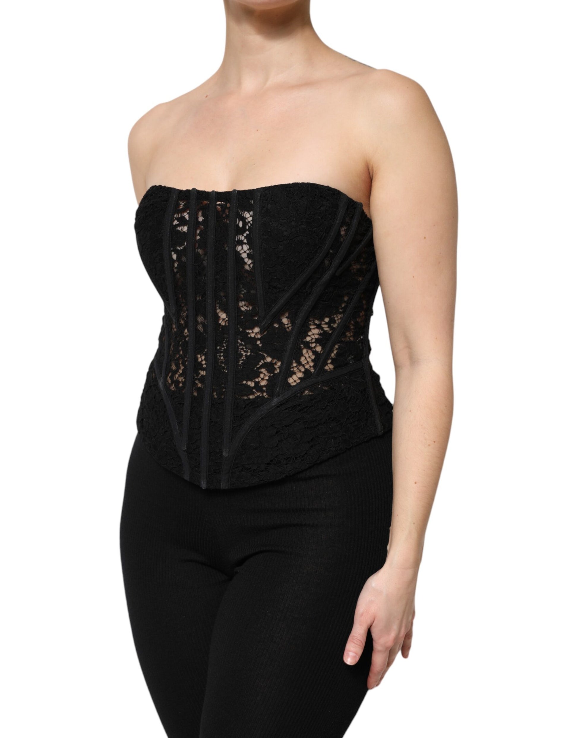 Schwarzes Korsett-Bustier-Top aus geblümter Baumwolle
