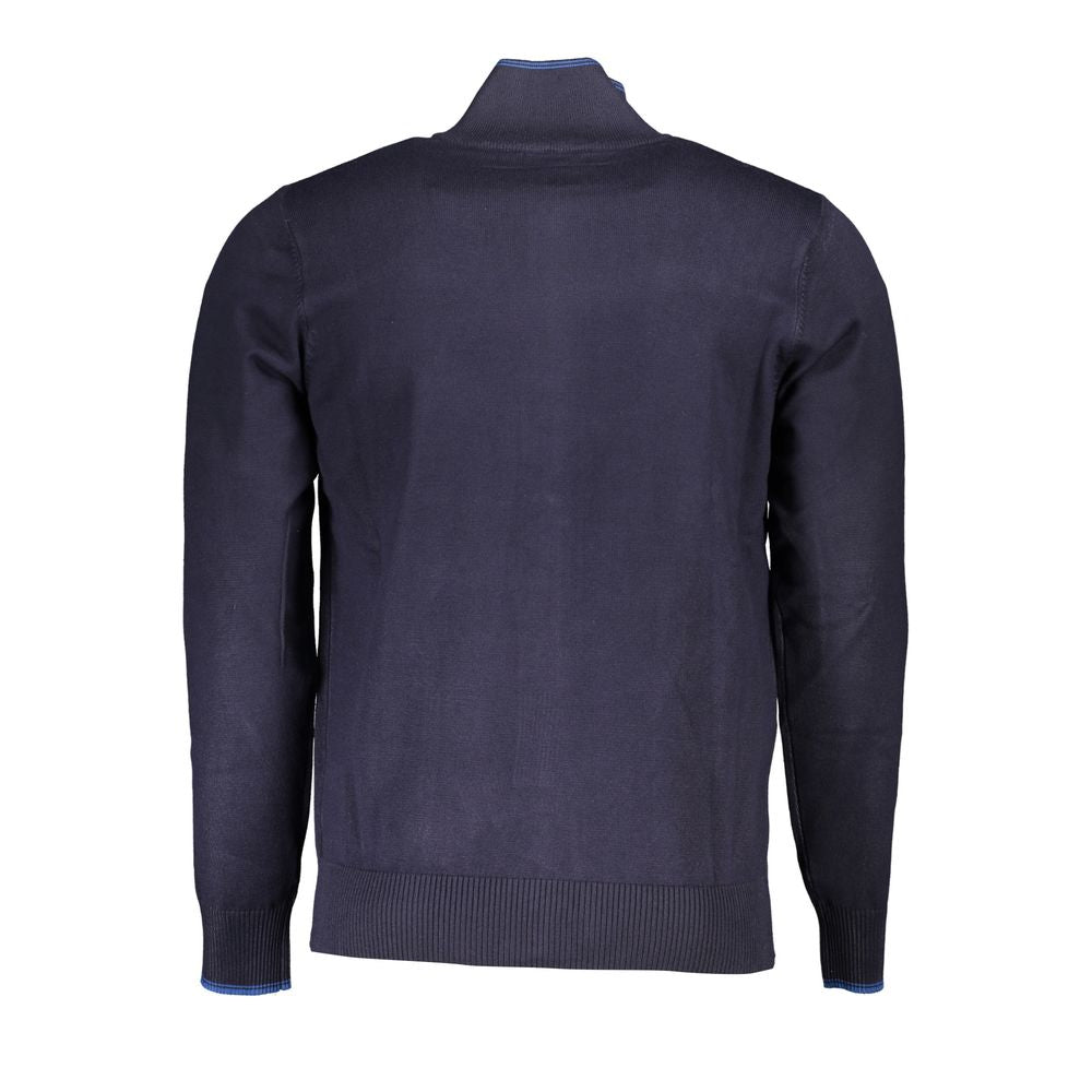 Klassische blaue Strickjacke mit Reißverschluss und Kontrastdetails