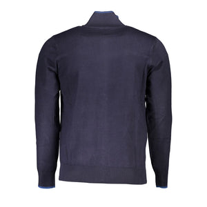 Klassische blaue Strickjacke mit Reißverschluss und Kontrastdetails