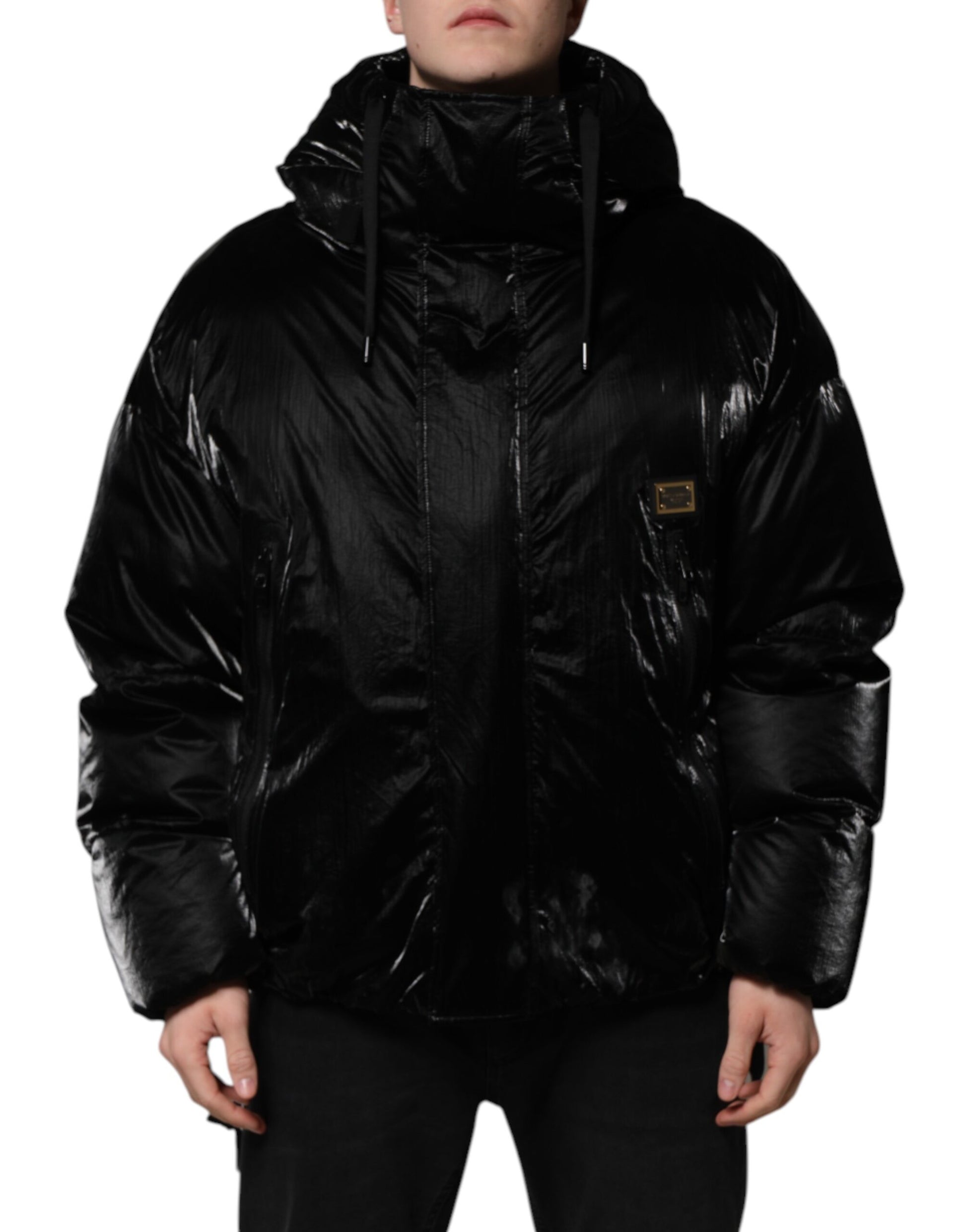 Schwarze Steppjacke mit durchgehendem Reißverschluss und Logo und Kapuze